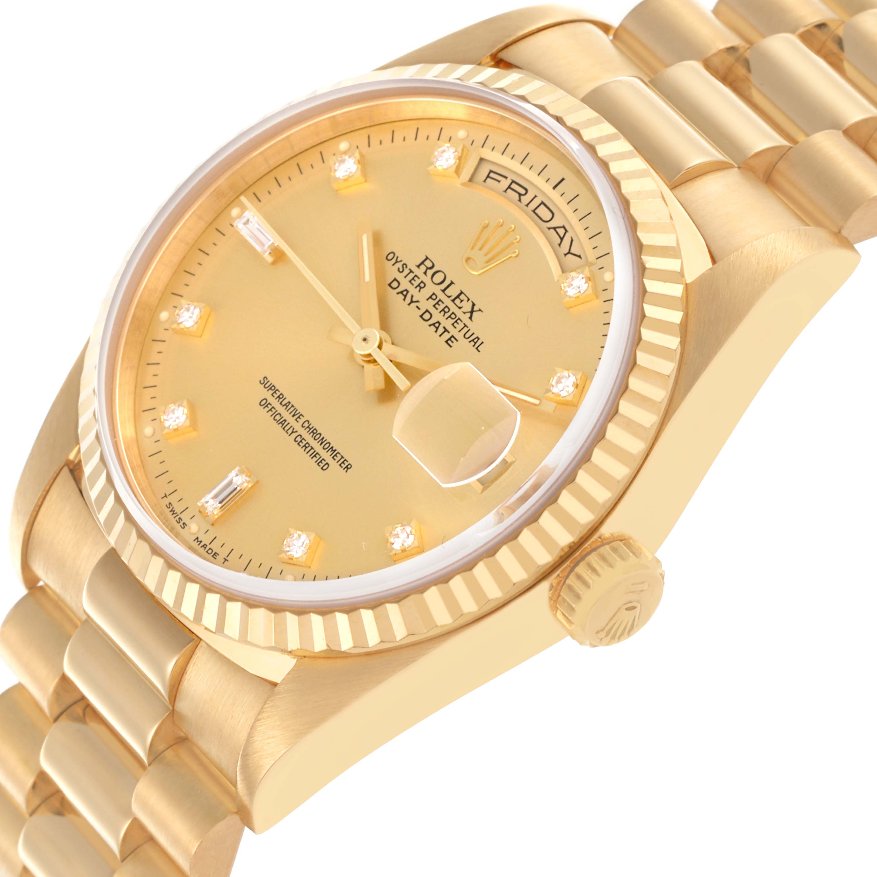 The image shows a Rolex President 18238 Men's Yellow Gold Champagne Dial 18238 Men's Yellow Gold Champagne Dial model watch from a top-side angle, displaying the dial, fluted bezel, day-date display, and bracelet.