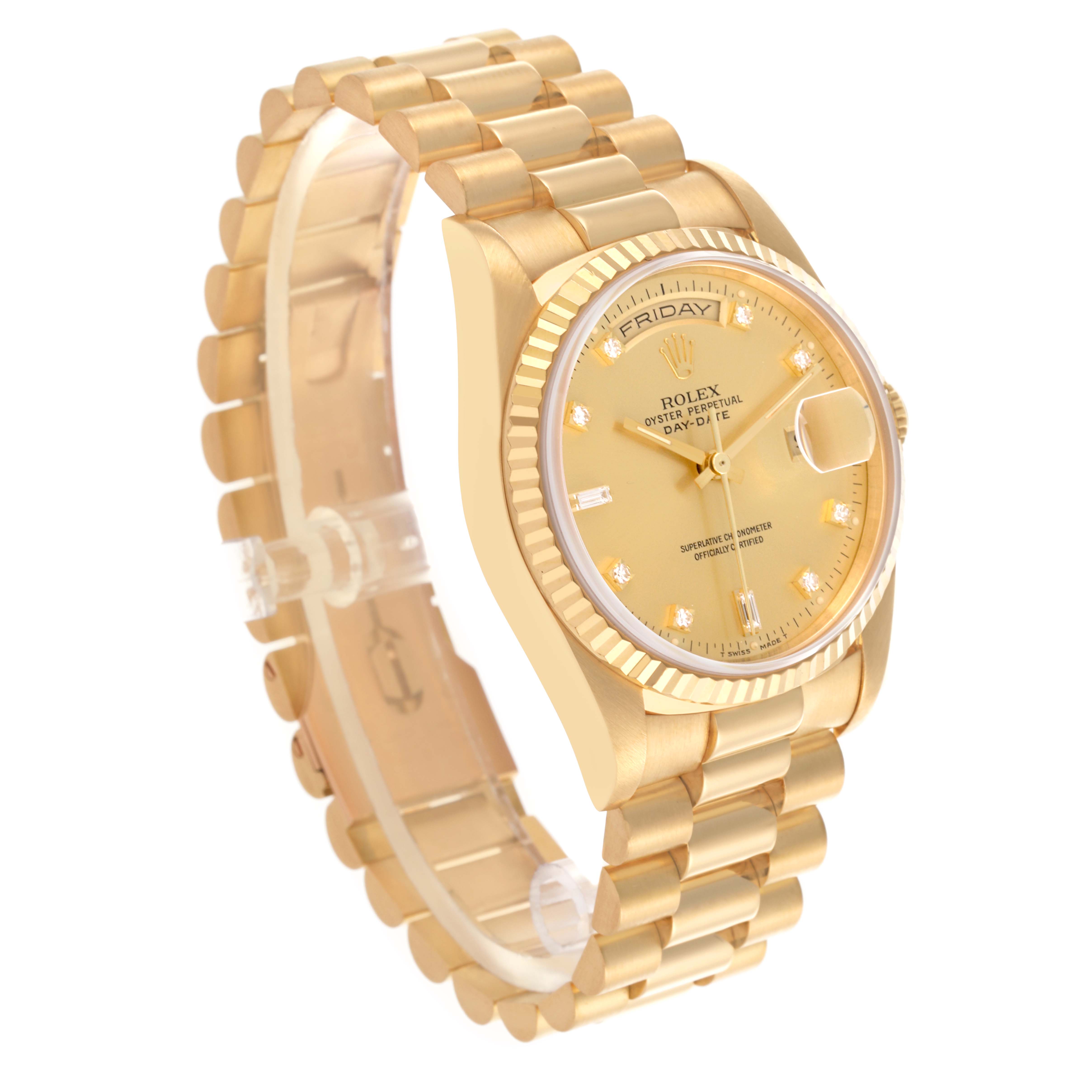 The Rolex President 18238 Men's Yellow Gold Champagne Dial 18238 Men's Yellow Gold Champagne Dial model watch is shown at a three-quarter angle, highlighting the bracelet, bezel, and dial.