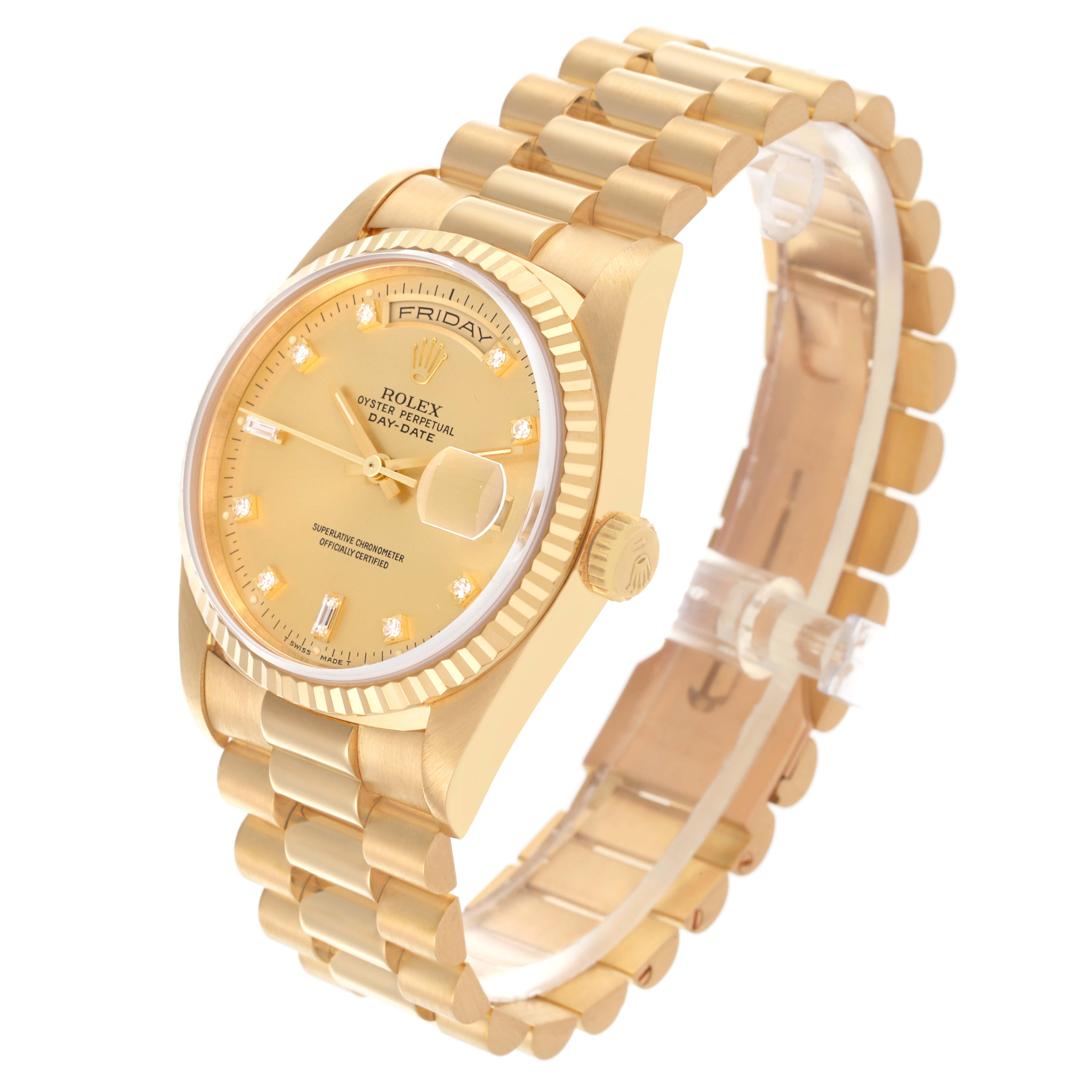 The Rolex President 18238 Men's Yellow Gold Champagne Dial 18238 Men's Yellow Gold Champagne Dial model is shown at an angle highlighting the dial, bezel, crown, and bracelet.