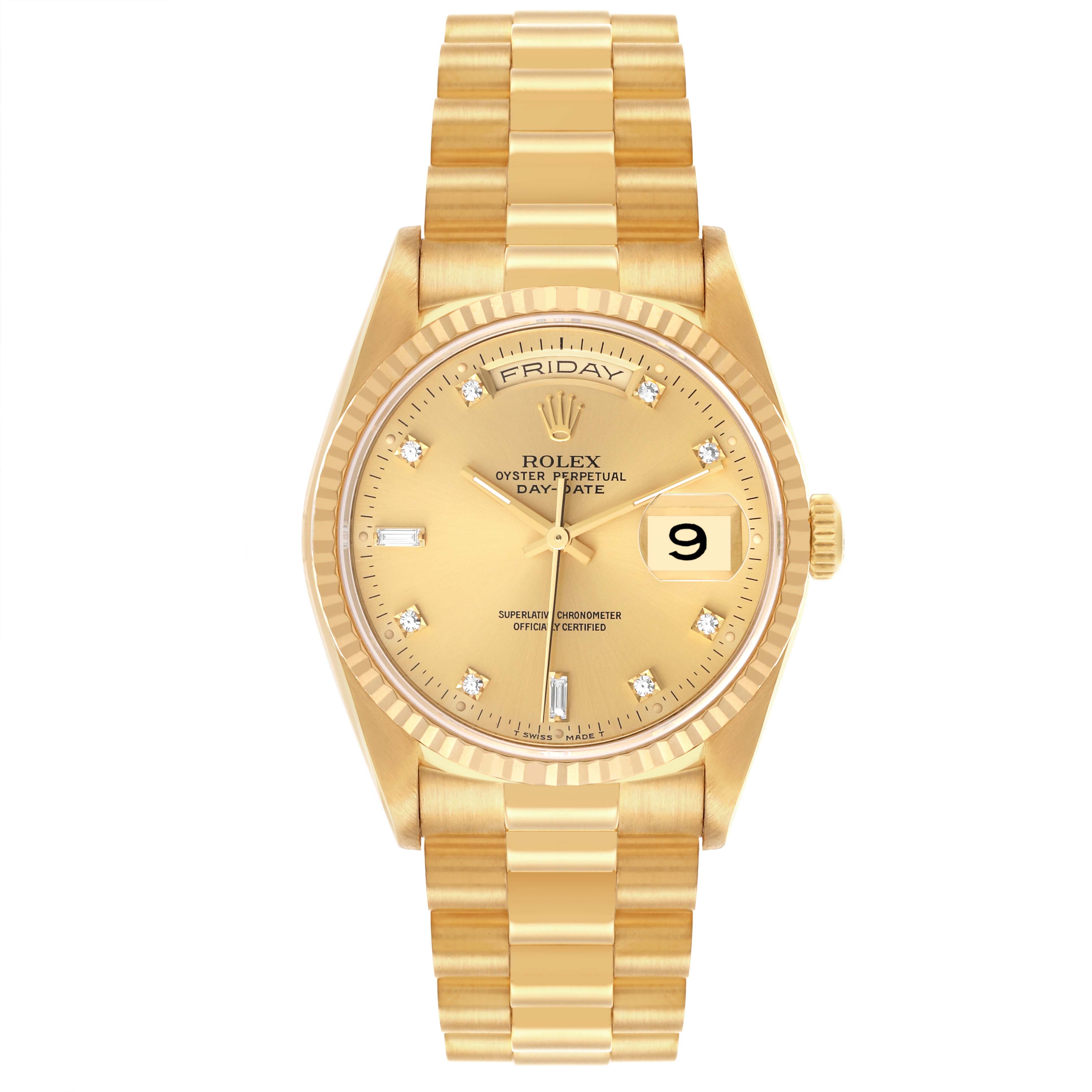 The Rolex President 18238 Men's Yellow Gold Champagne Dial 18238 Men's Yellow Gold Champagne Dial model is shown from a front angle, featuring the dial, day, date display, and bracelet.