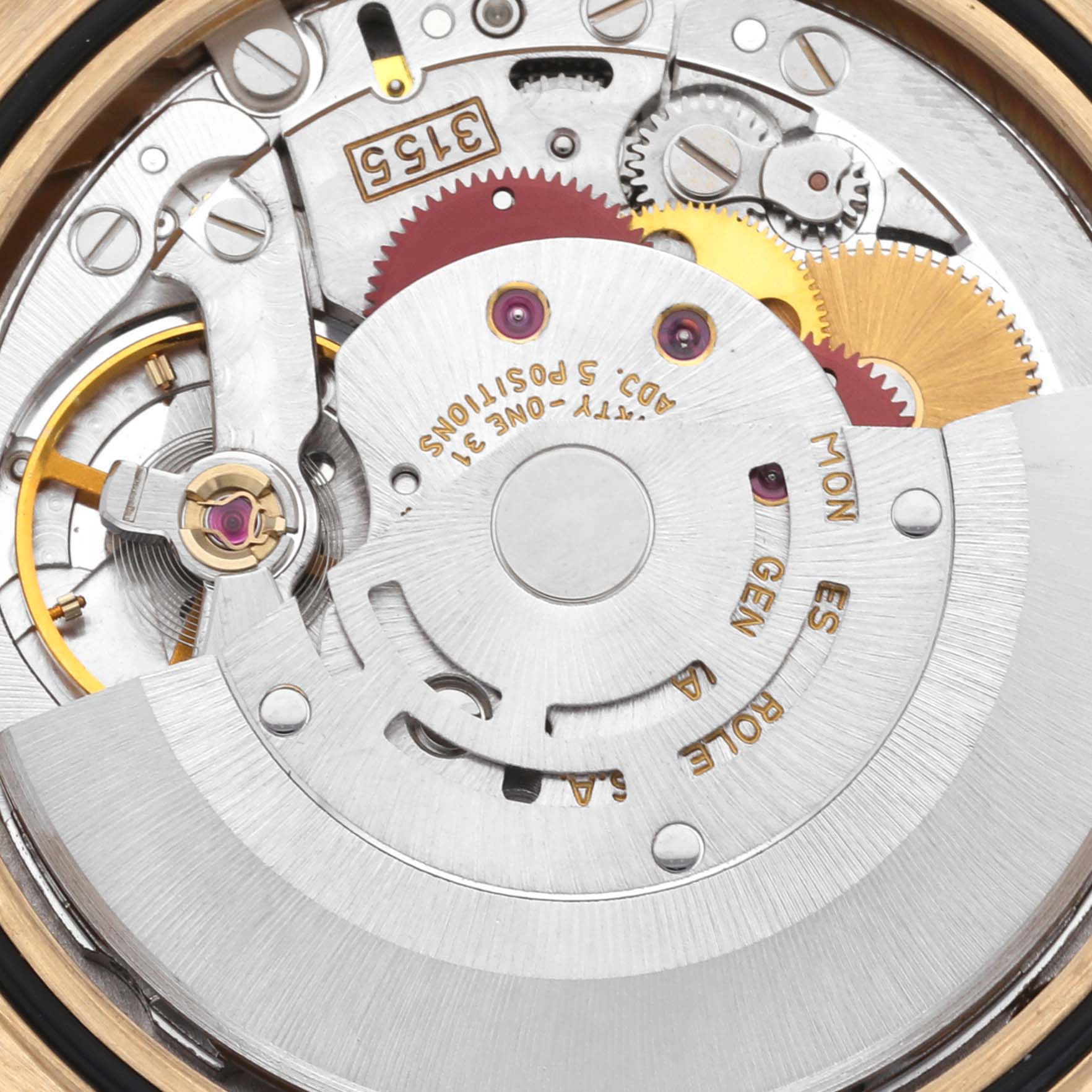 The image shows the intricate movement mechanism of a Rolex President 18238 Men's Yellow Gold Champagne Dial 18238 Men's Yellow Gold Champagne Dial watch with gears and balance wheel visible.