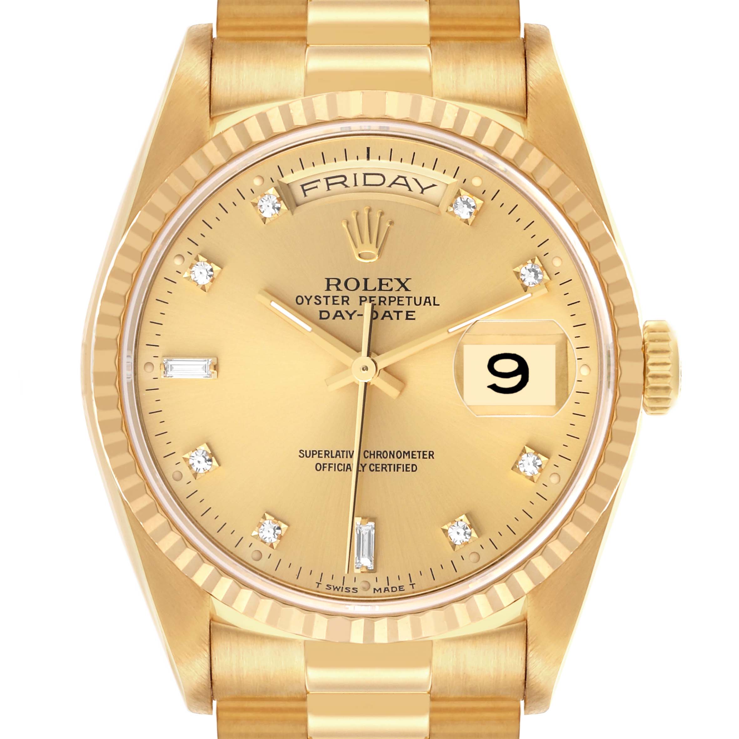 The Rolex President 18238 Men's Yellow Gold Champagne Dial 18238 Men's Yellow Gold Champagne Dial model watch is shown from the front, highlighting the dial, day-date window, and bracelet.