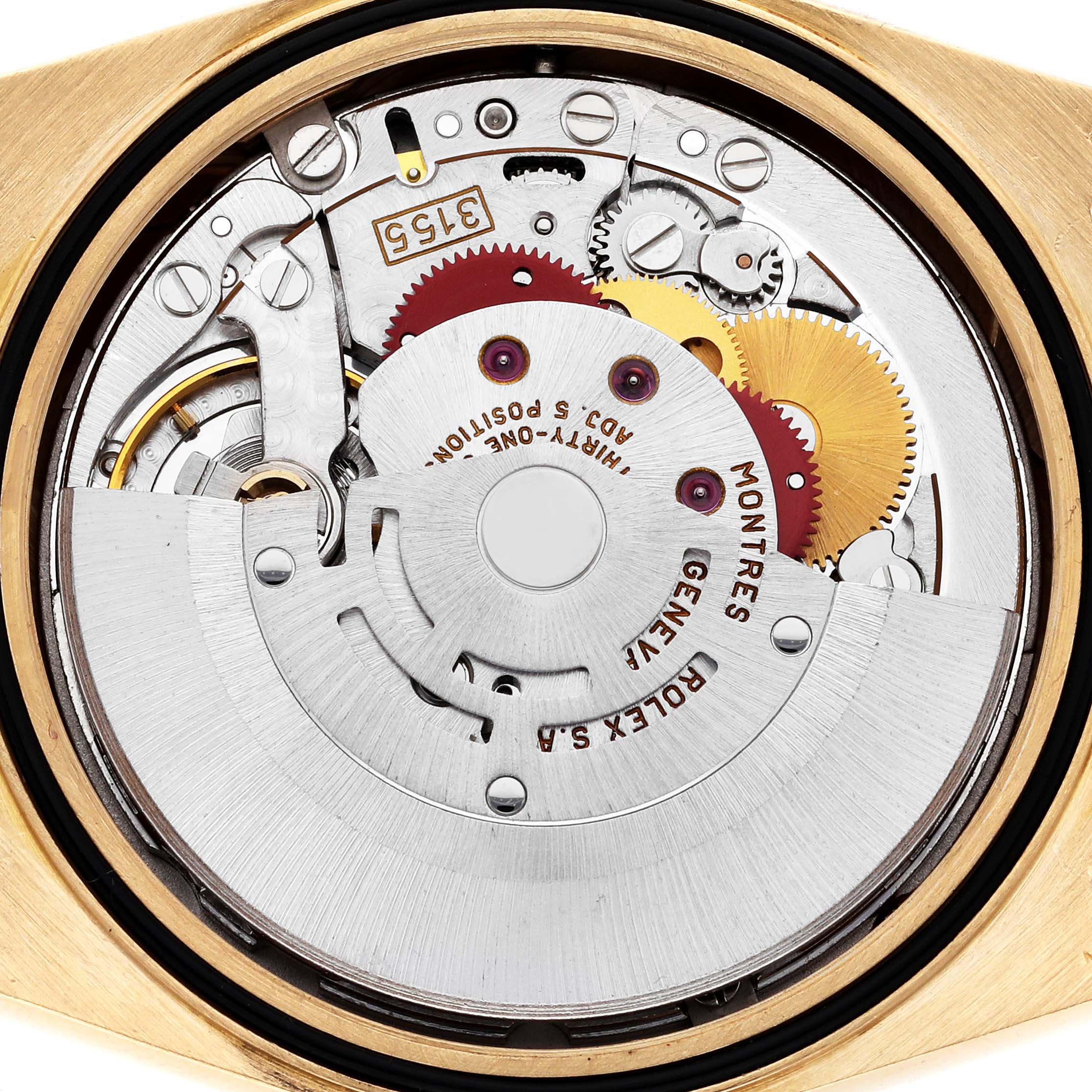 The image shows the internal movement from the back angle of a Rolex President 18238 Men's Yellow Gold Champagne Dial 18238 Men's Yellow Gold Champagne Dial model, highlighting gears and components.