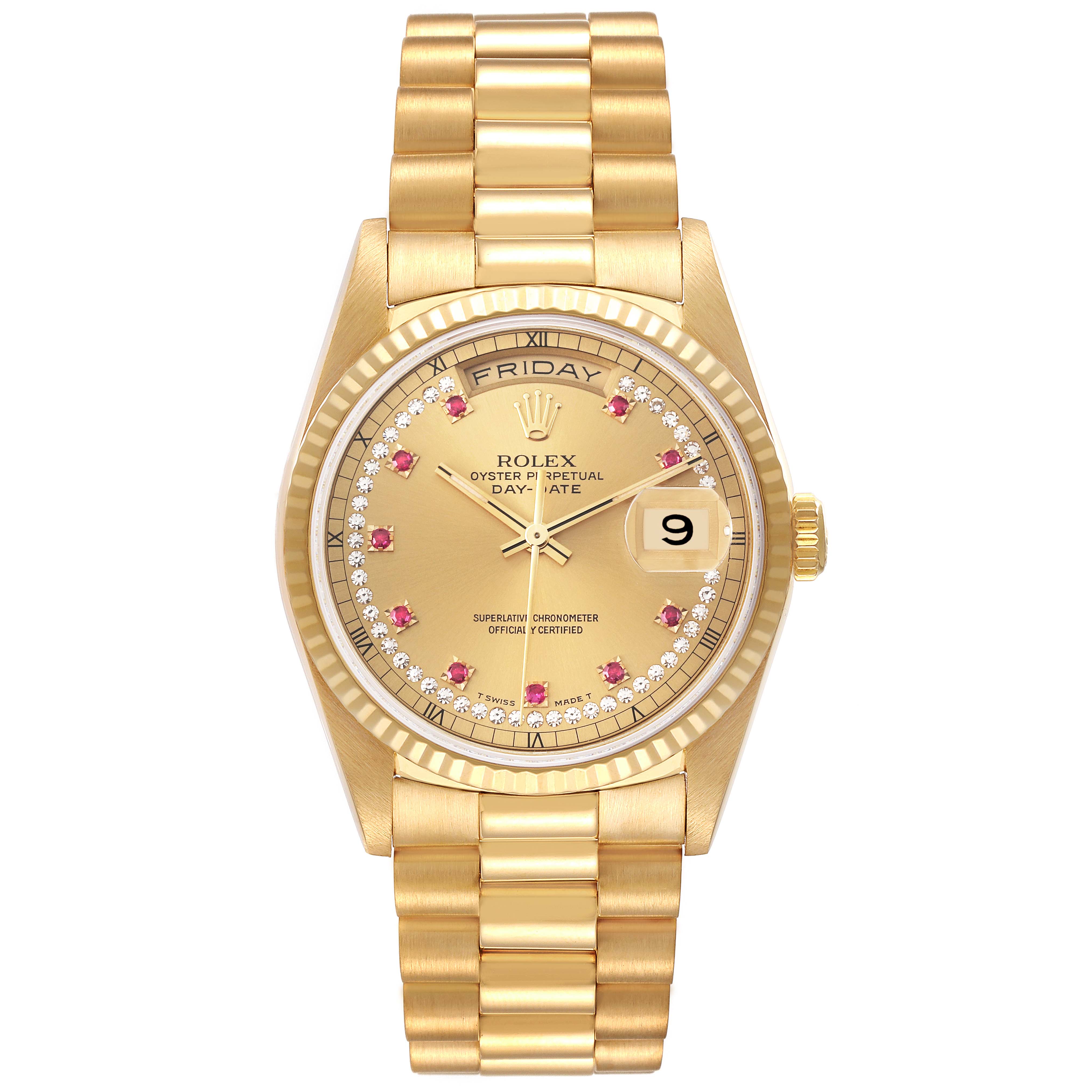 The Rolex President 18238 Men's Yellow Gold Champagne Dial 18238 Men's Yellow Gold Champagne Dial watch is shown from the front, displaying its face, bezel, and bracelet.