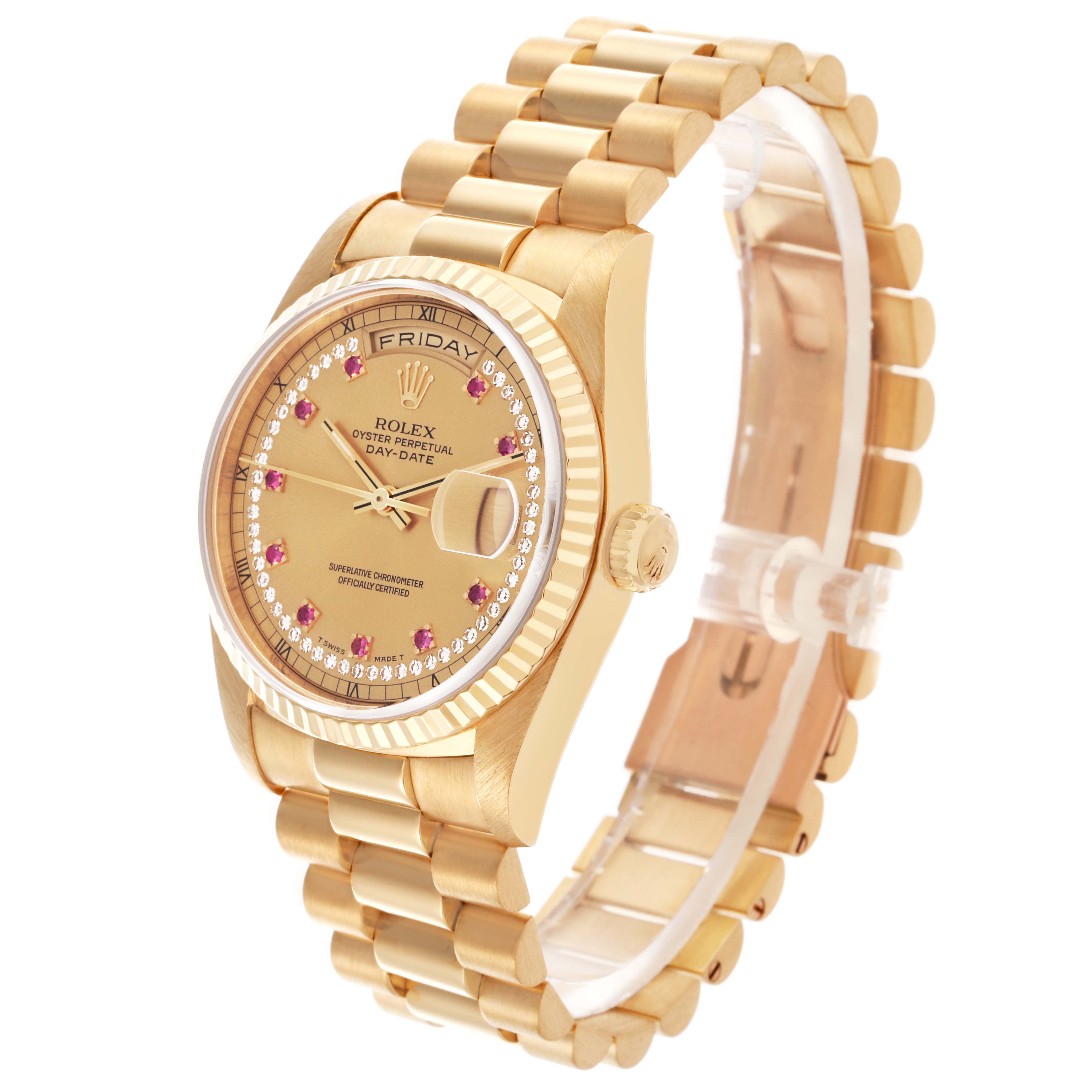 The Rolex President 18238 Men's Yellow Gold Champagne Dial 18238 Men's Yellow Gold Champagne Dial model watch is shown from a three-quarter angle, highlighting the dial, bezel, and bracelet.