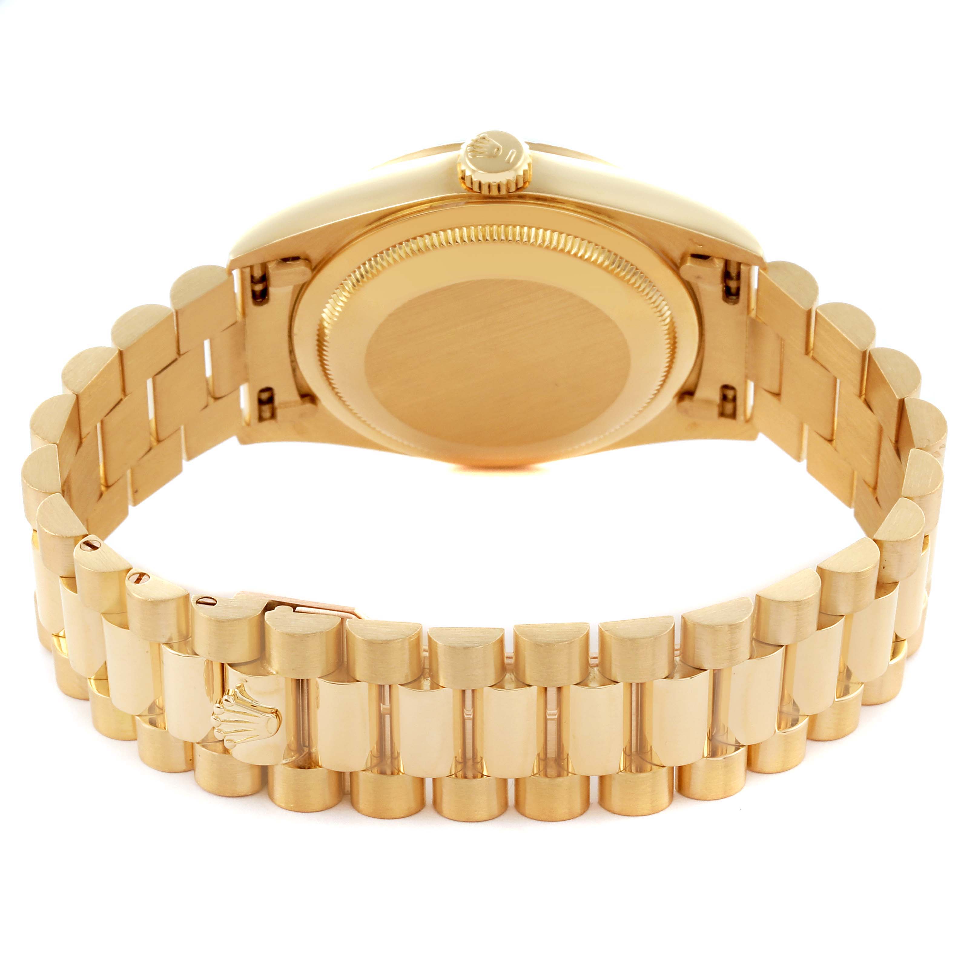 The image shows the back and bracelet of a Rolex President 18238 Men's Yellow Gold Champagne Dial 18238 Men's Yellow Gold Champagne Dial watch from a rear angle.