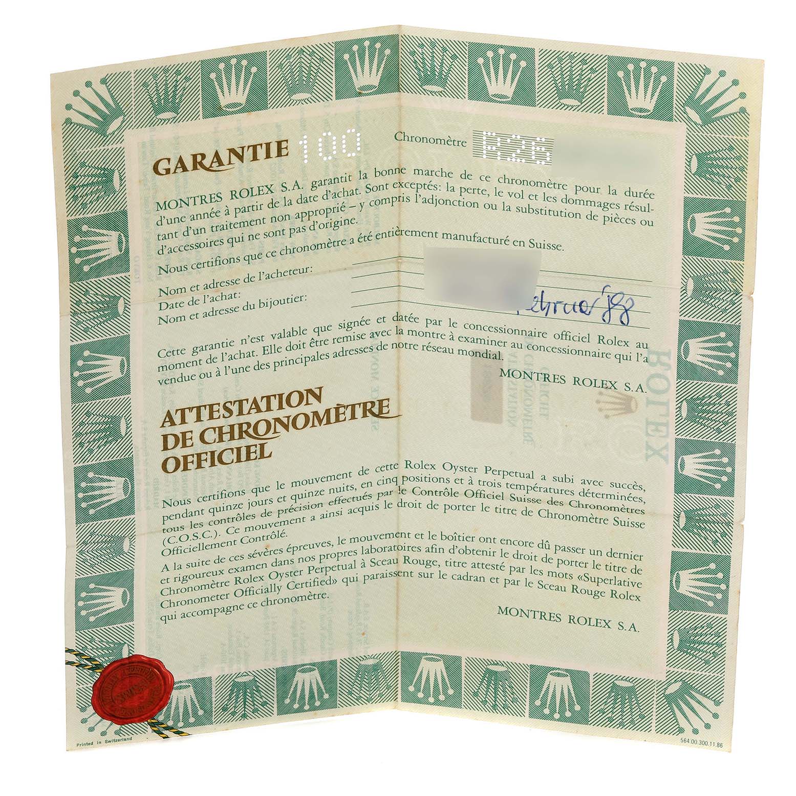 This is a warranty and chronometer certification document for a Rolex President 18238 Men's Yellow Gold Champagne Dial 18238 Men's Yellow Gold Champagne Dial model watch.