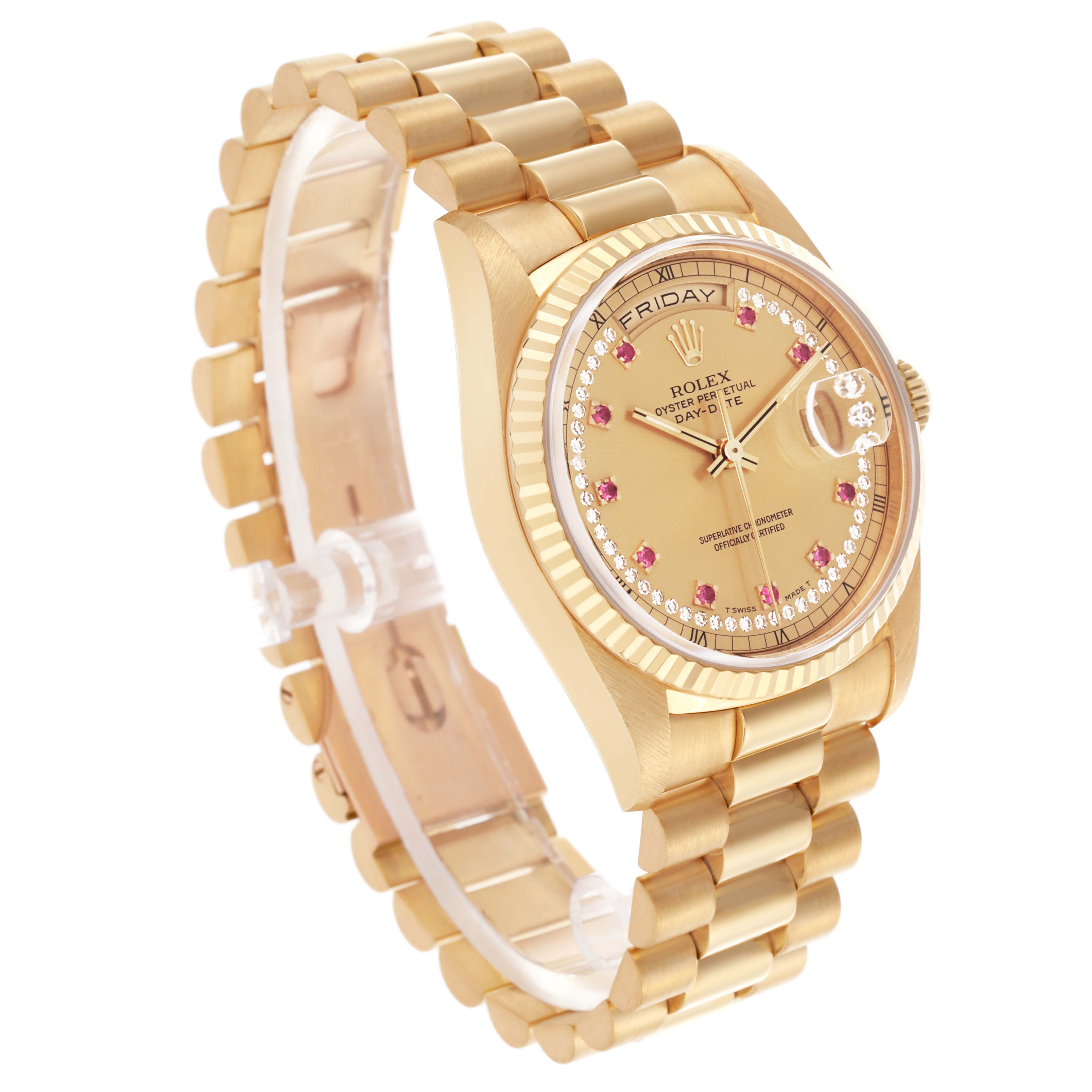 The Rolex President 18238 Men's Yellow Gold Champagne Dial 18238 Men's Yellow Gold Champagne Dial model is shown at a three-quarter angle, highlighting the bracelet, face, and case details.