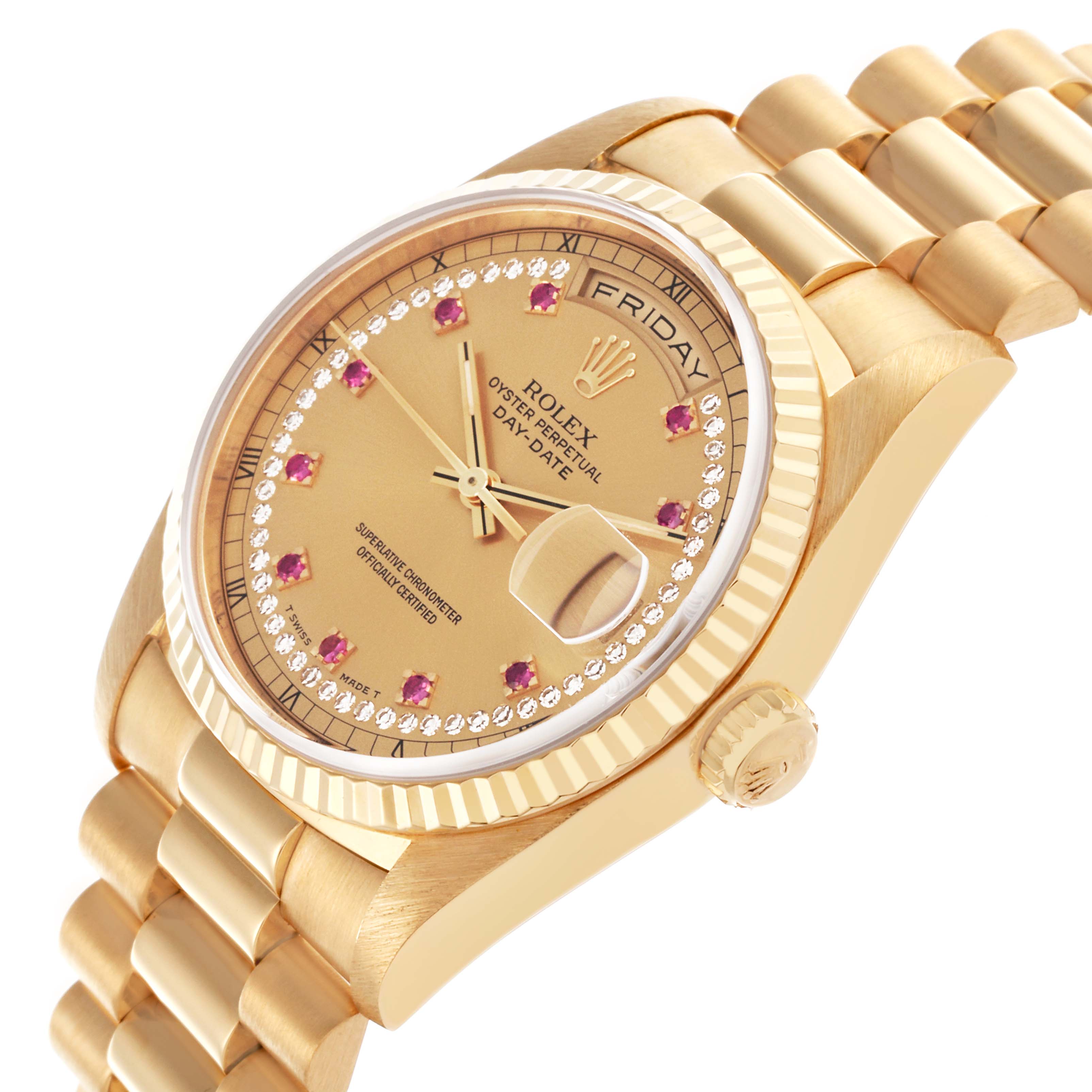 The Rolex President 18238 Men's Yellow Gold Champagne Dial 18238 Men's Yellow Gold Champagne Dial model is shown at an angled view, displaying the gold dial, fluted bezel, day and date functions, and bracelet.