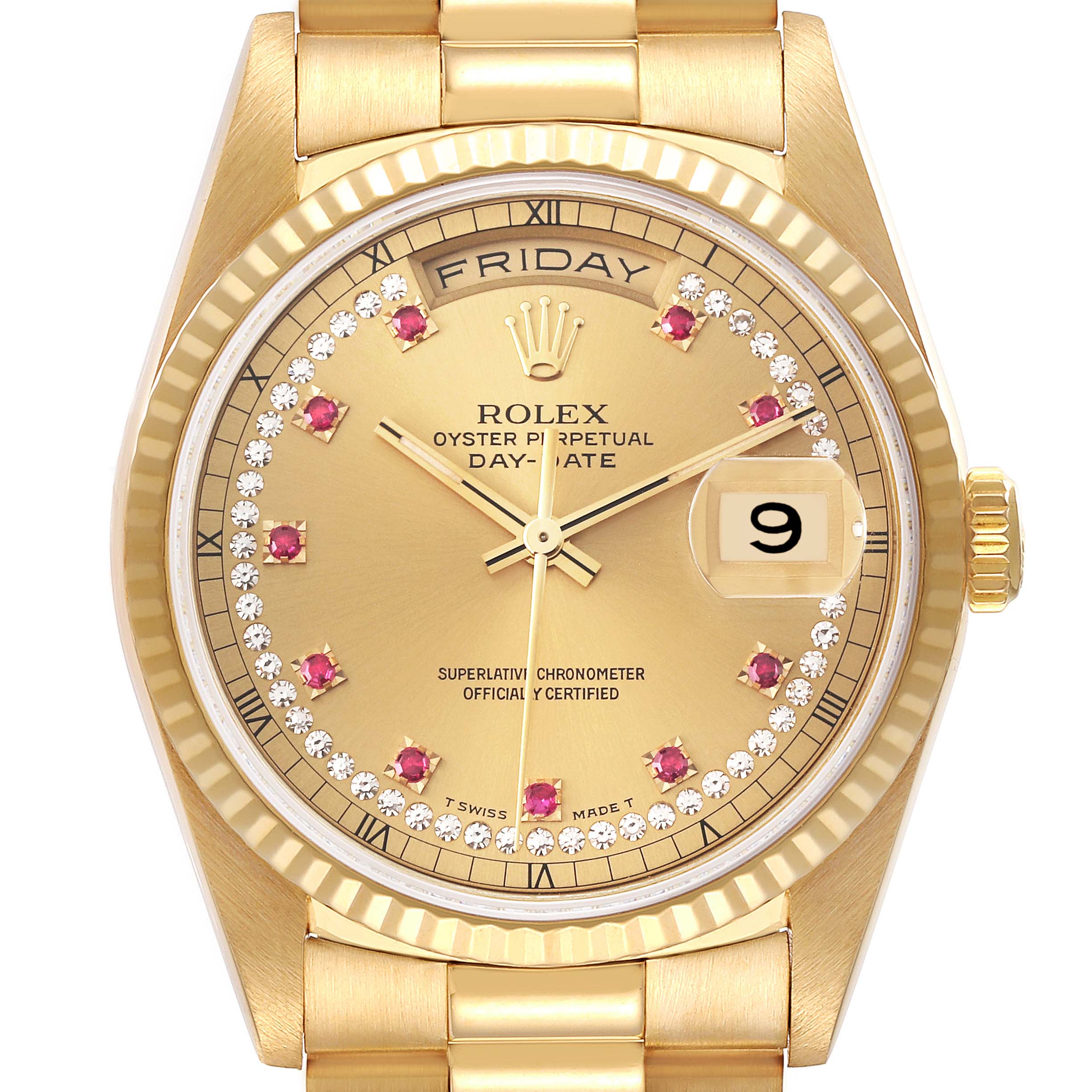 The image shows a frontal view of a Rolex President 18238 Men's Yellow Gold Champagne Dial 18238 Men's Yellow Gold Champagne Dial watch, highlighting the dial, day and date displays, and bracelet.