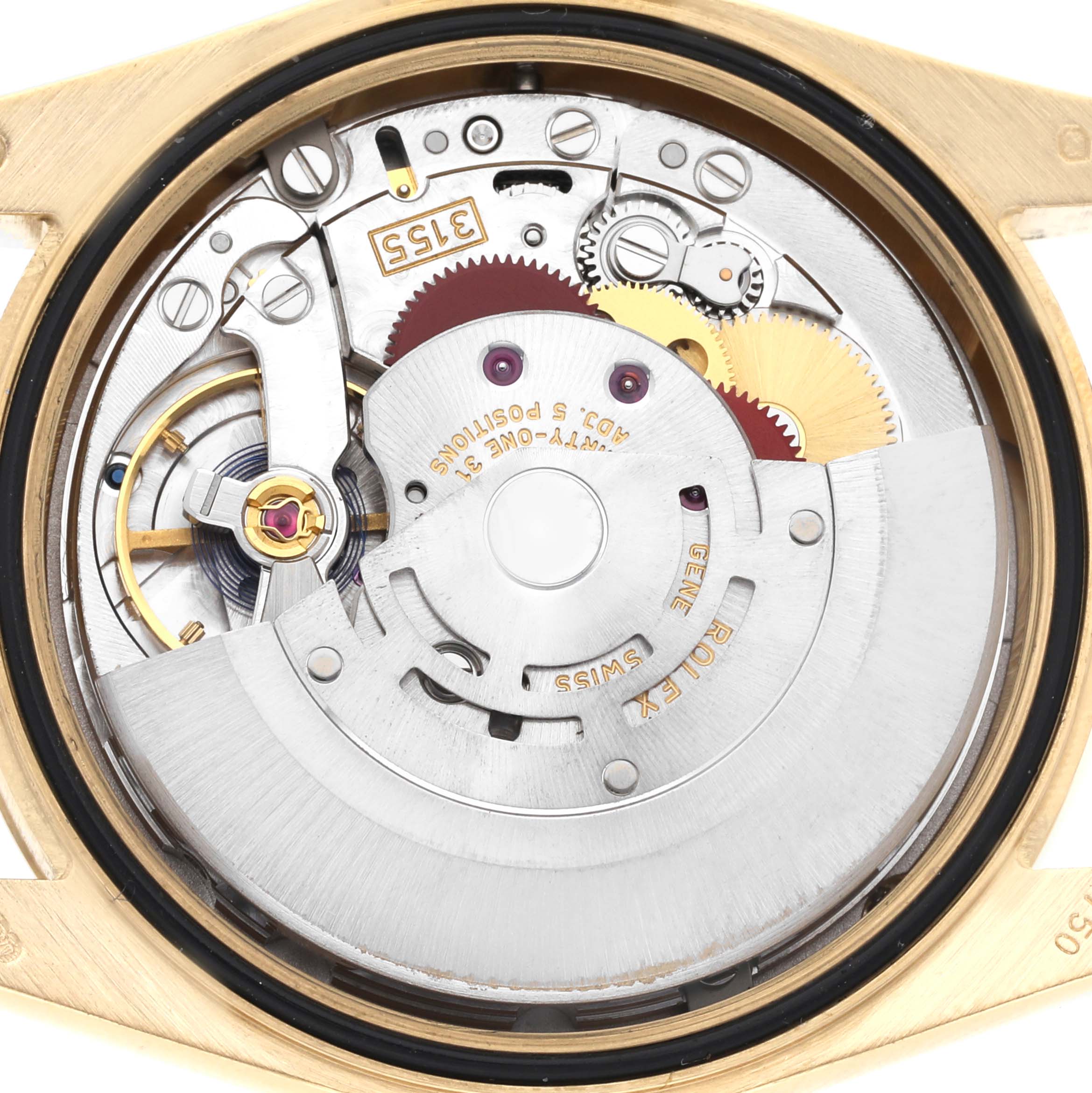 The image shows the movement of a Rolex President 118238 Men's Yellow Gold White Dial 118238 Men's Yellow Gold White Dial model, including gears, balance wheel, and rotor, viewed from the back.