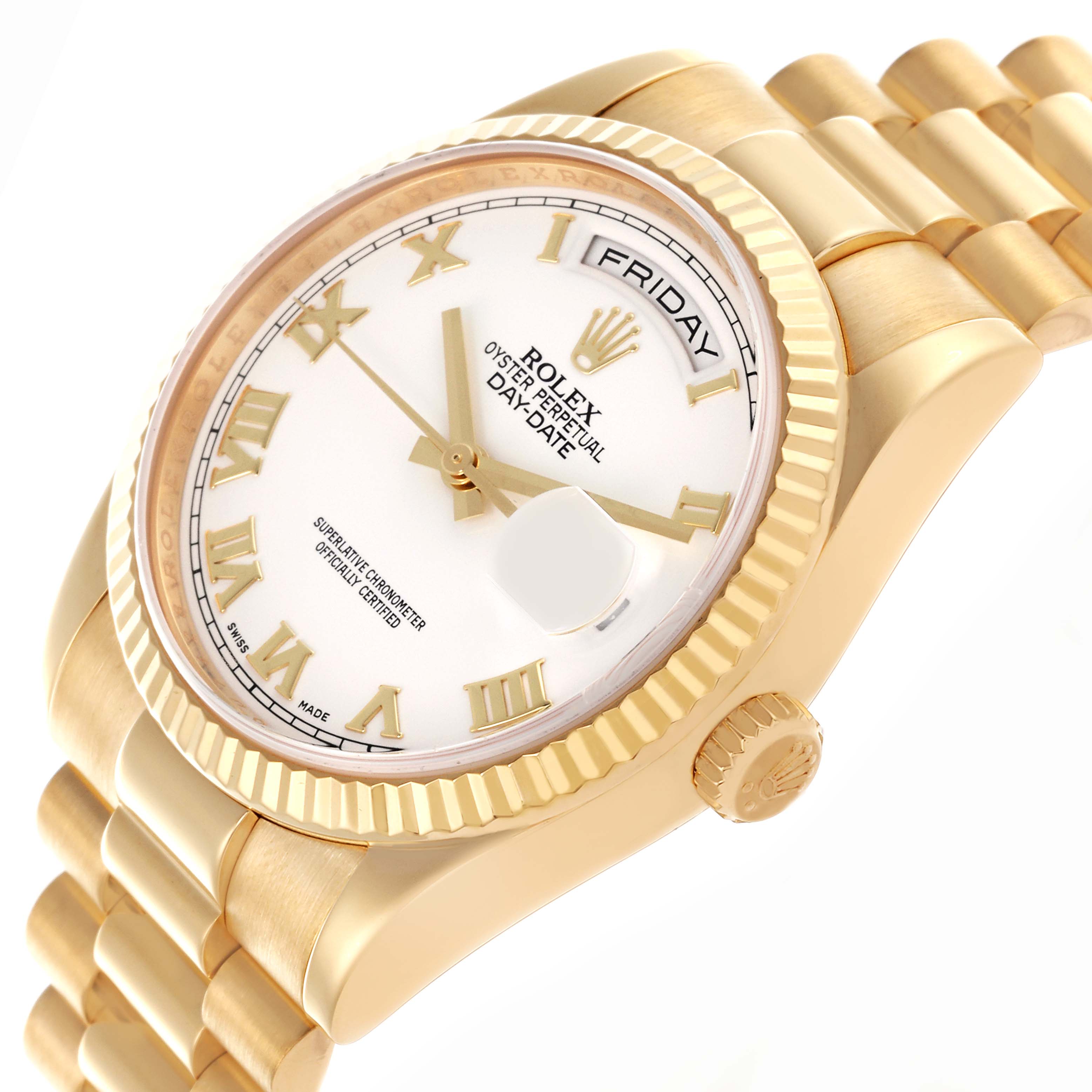 The Rolex President 118238 Men's Yellow Gold White Dial 118238 Men's Yellow Gold White Dial model is shown at a slight angle, highlighting the face, fluted bezel, and partial bracelet.