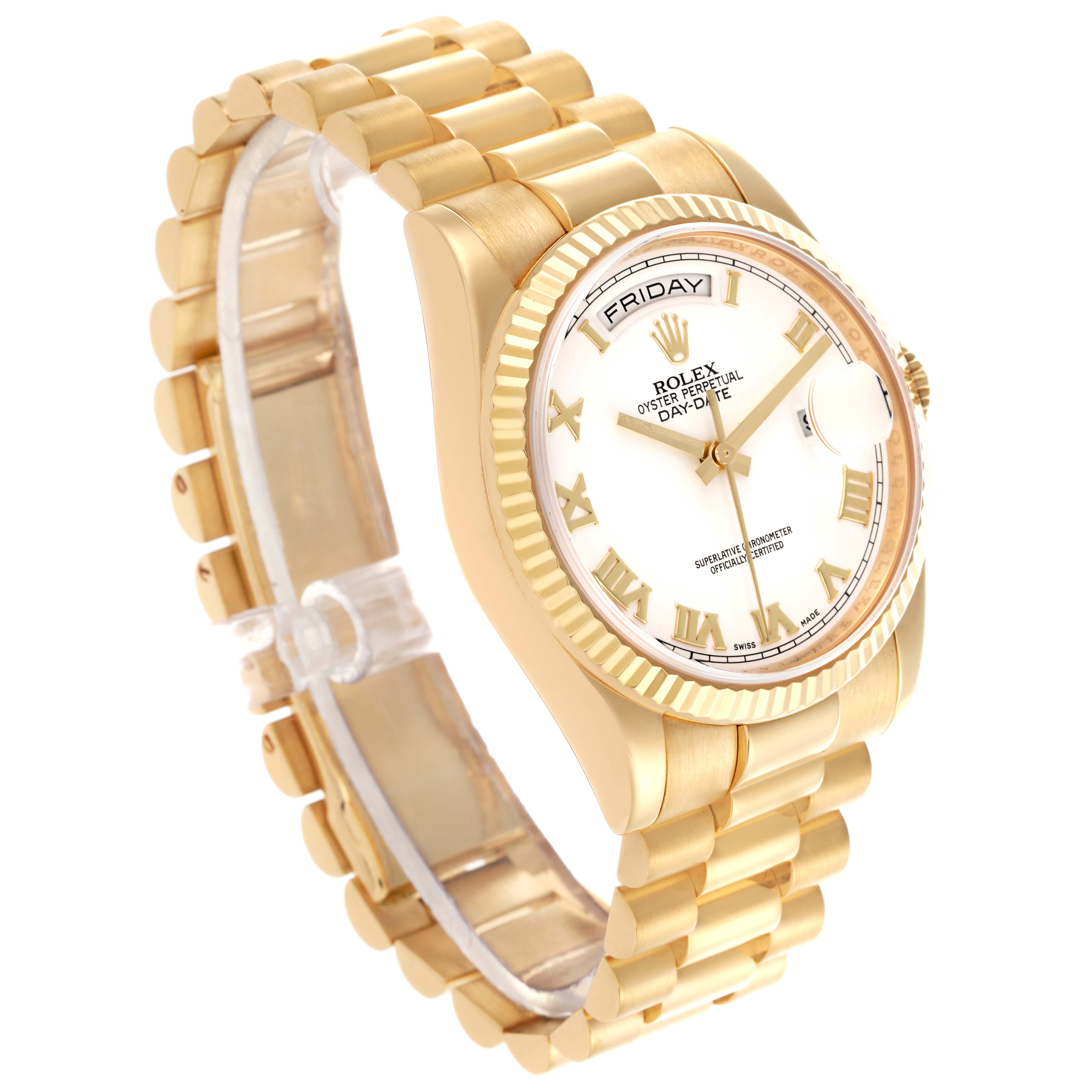 The Rolex President 118238 Men's Yellow Gold White Dial 118238 Men's Yellow Gold White Dial model watch is shown at a tilted angle, highlighting its gold bracelet, fluted bezel, and day-date display on the dial.