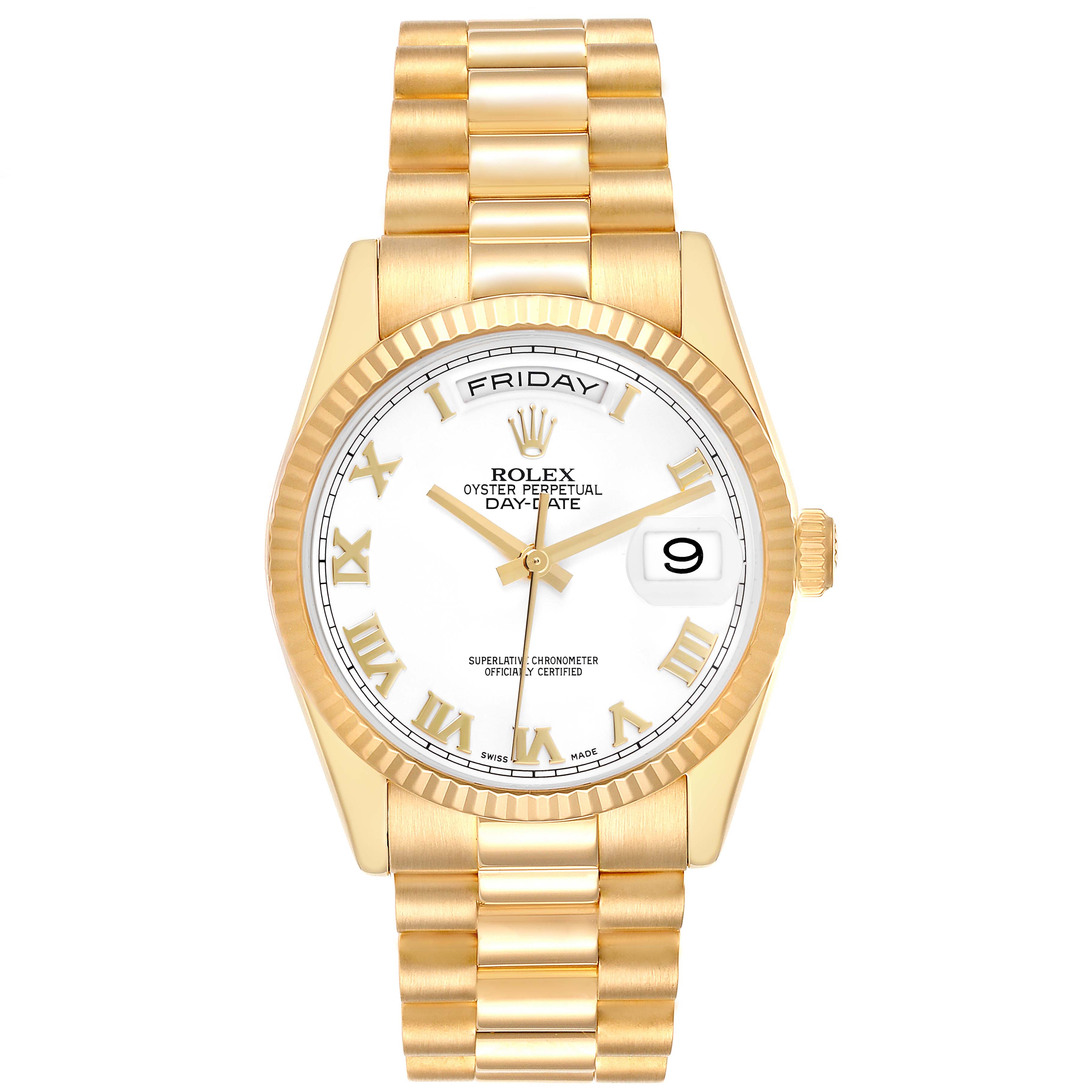 The Rolex President 118238 Men's Yellow Gold White Dial 118238 Men's Yellow Gold White Dial model watch is shown from a top-down angle, highlighting the face, bezel, bracelet, and crown.