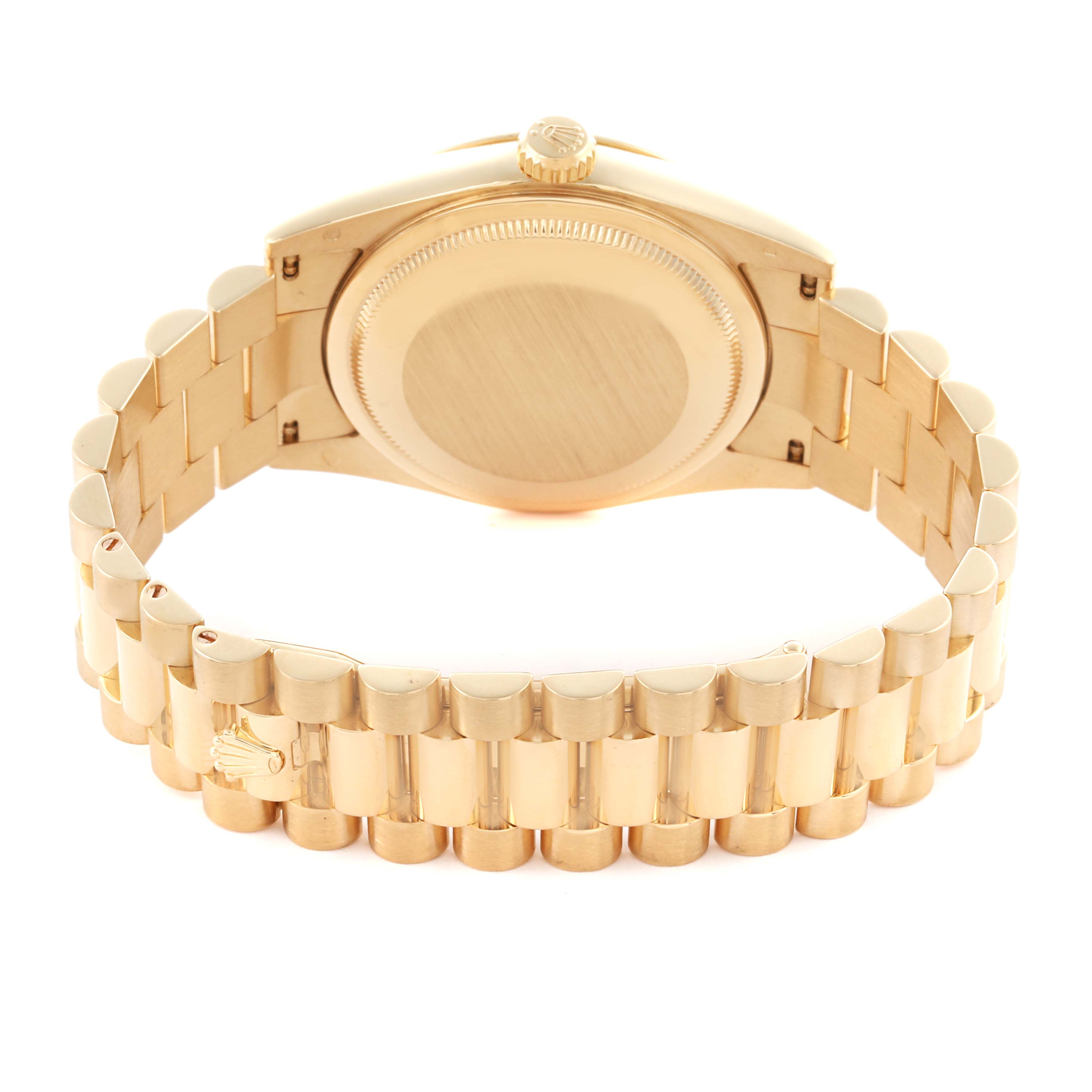 The image shows the back of a Rolex President 118238 Men's Yellow Gold White Dial 118238 Men's Yellow Gold White Dial watch, highlighting the case back and bracelet.