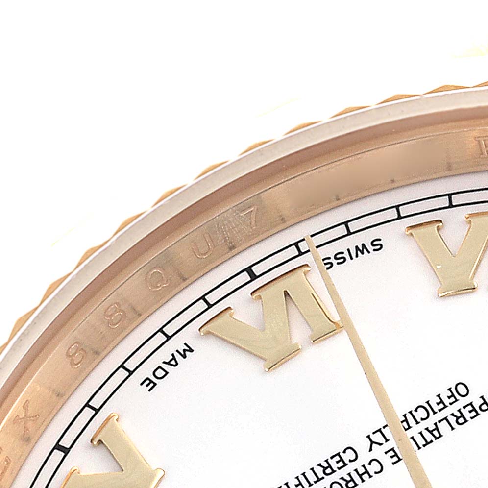The image shows a close-up of the Roman numerals and part of the dial and bezel of a Rolex President 118238 Men's Yellow Gold White Dial 118238 Men's Yellow Gold White Dial watch.