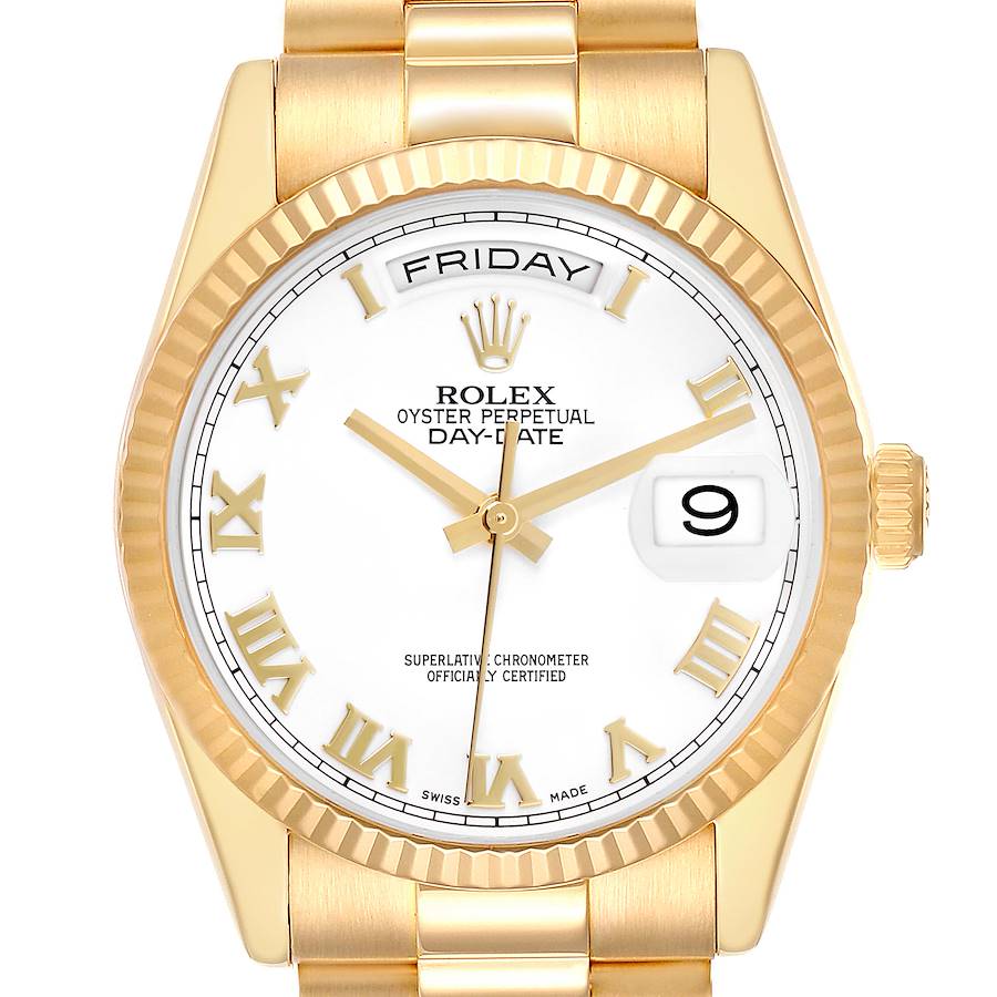 The image shows a Rolex President model watch from the front, highlighting the dial, bezel, and part of the bracelet.