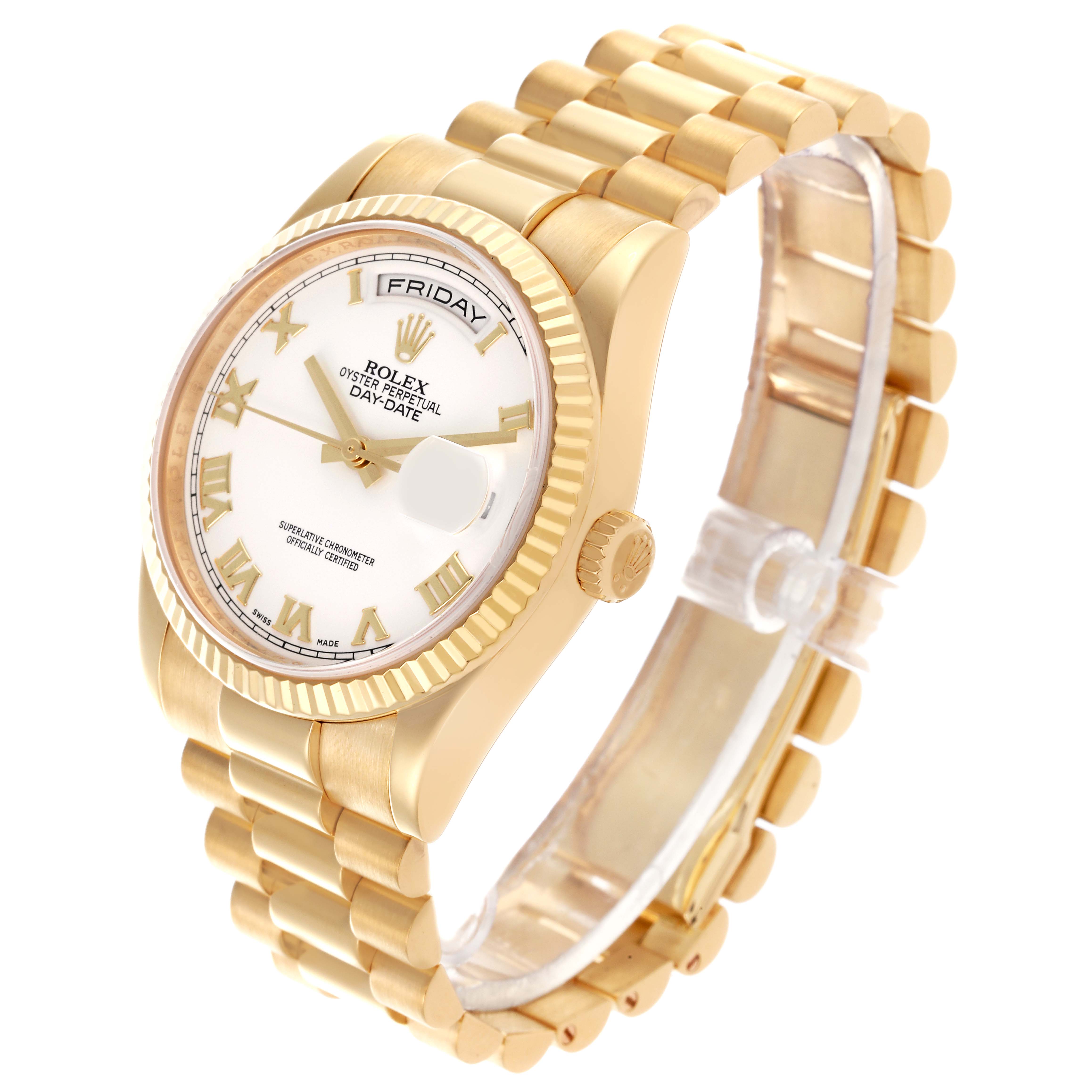 The Rolex President 118238 Men's Yellow Gold White Dial 118238 Men's Yellow Gold White Dial watch is shown at a three-quarter angle, highlighting its dial, bezel, crown, and bracelet.