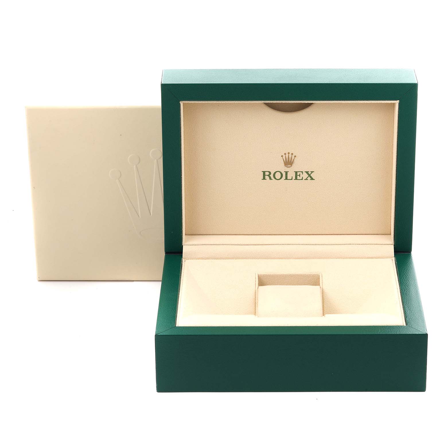 The image shows an open Rolex watch box for the President model, viewed from the front, displaying the interior and logo.