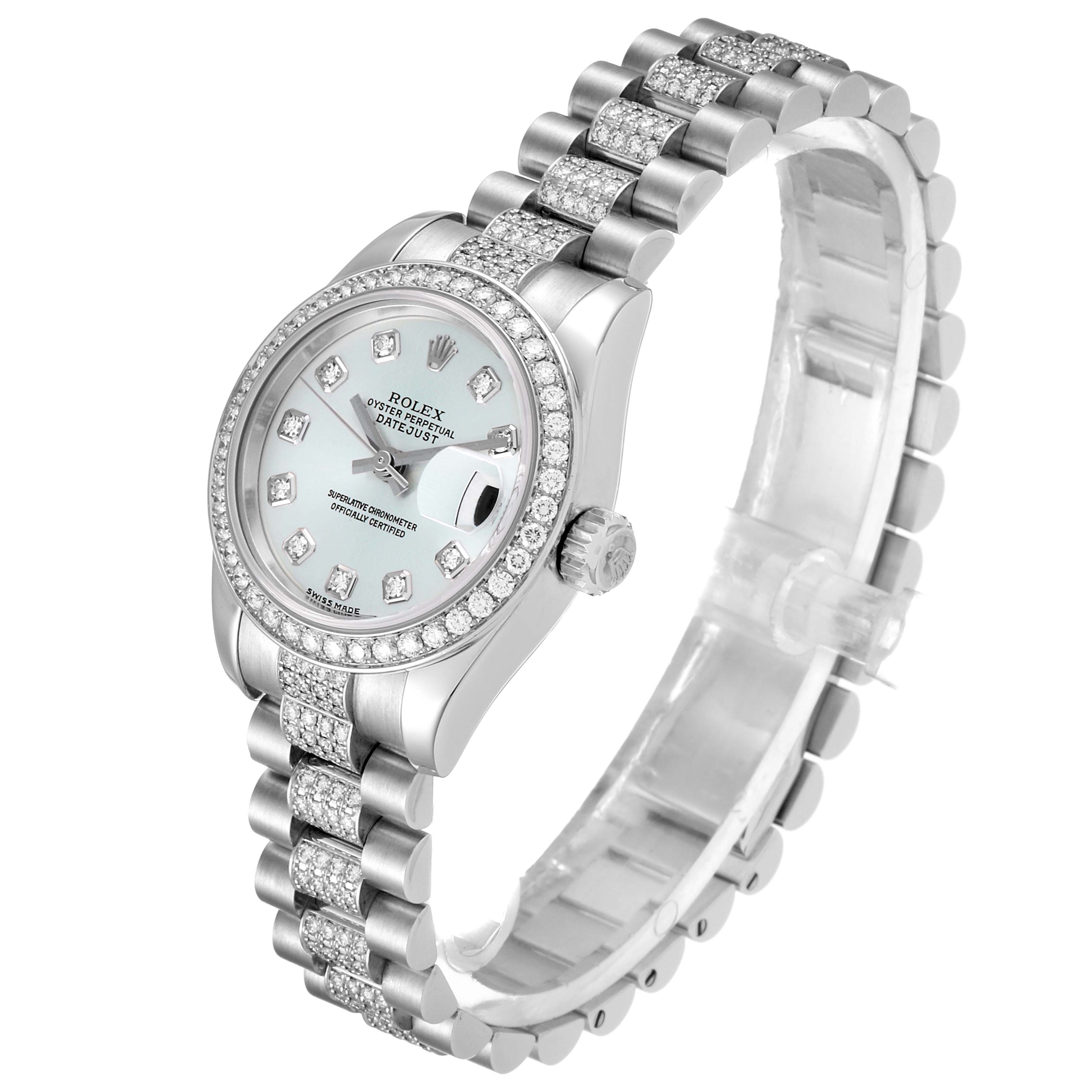 The Rolex President 179136 Women's Platinum Silver Dial 179136 Women's Platinum Silver Dial model watch is shown from an angled front view, displaying its dial, bezel, crown, and bracelet.