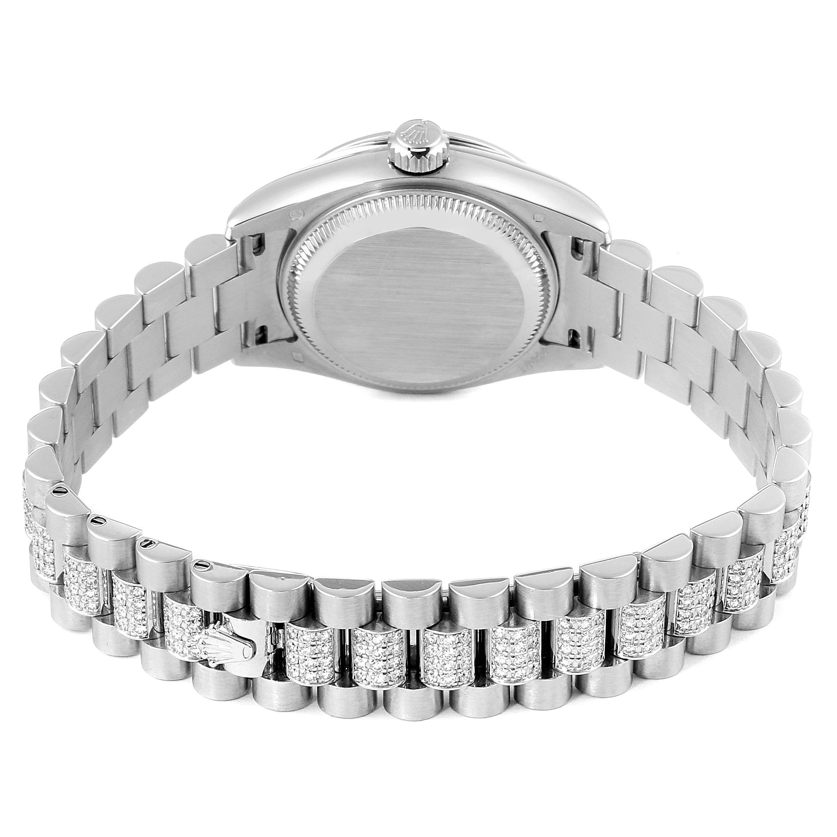 The image shows the back view of a Rolex President 179136 Women's Platinum Silver Dial 179136 Women's Platinum Silver Dial model watch, focusing on its case and bracelet.