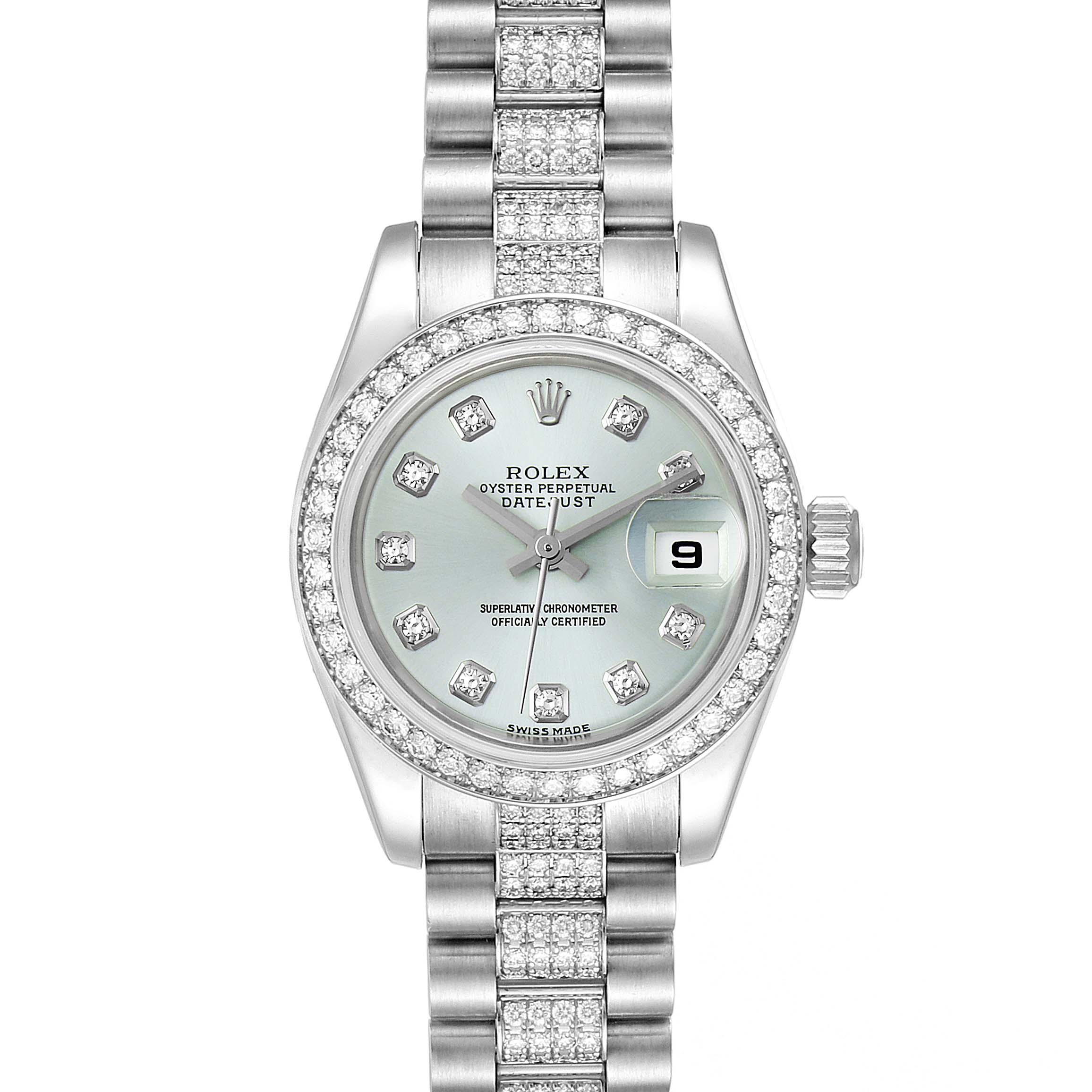 This image shows a Rolex President 179136 Women's Platinum Silver Dial 179136 Women's Platinum Silver Dial model watch from a front angle, displaying its face, bezel, and part of the bracelet.