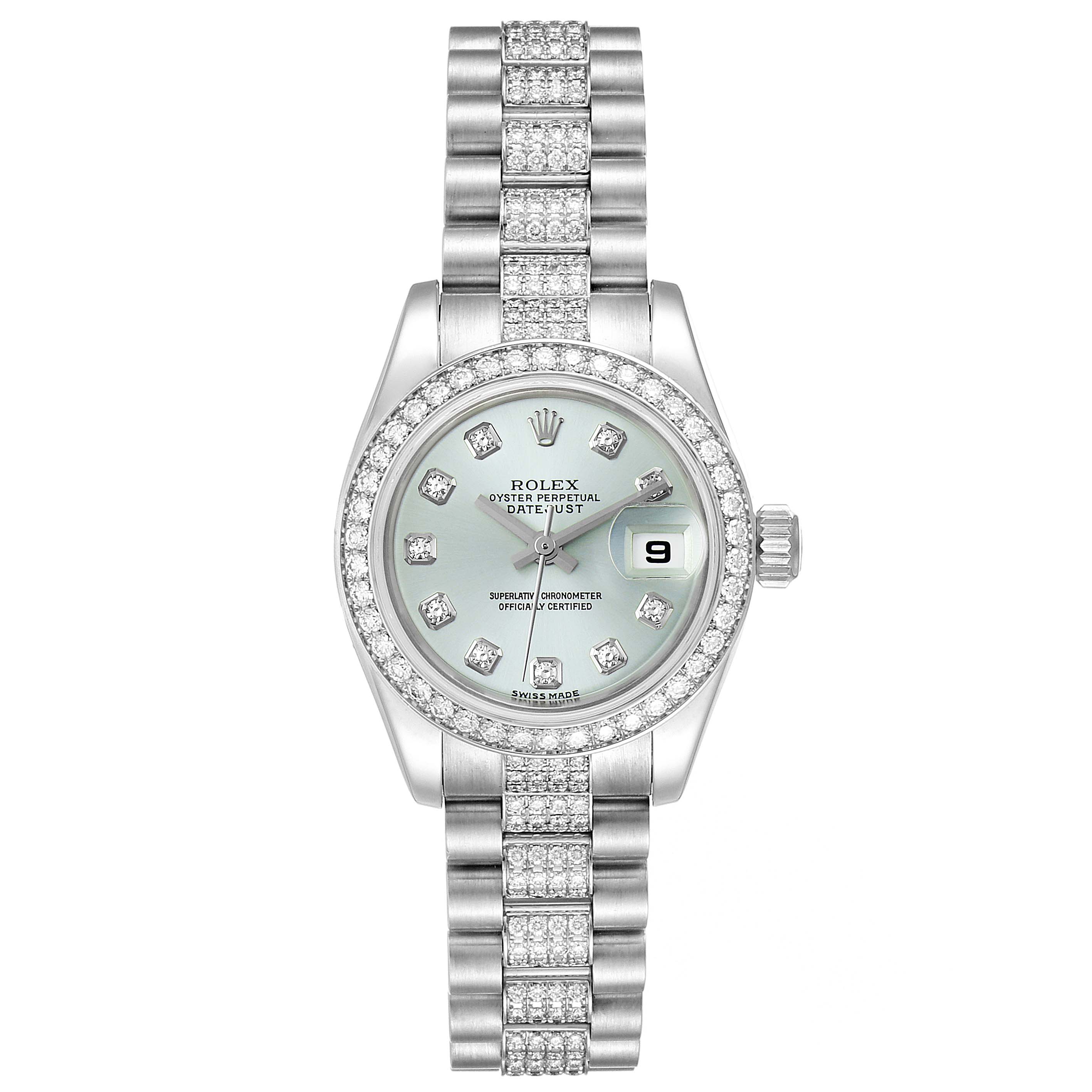 The Rolex President 179136 Women's Platinum Silver Dial 179136 Women's Platinum Silver Dial model watch is displayed from the front, showing the face, bezel, case, and bracelet.