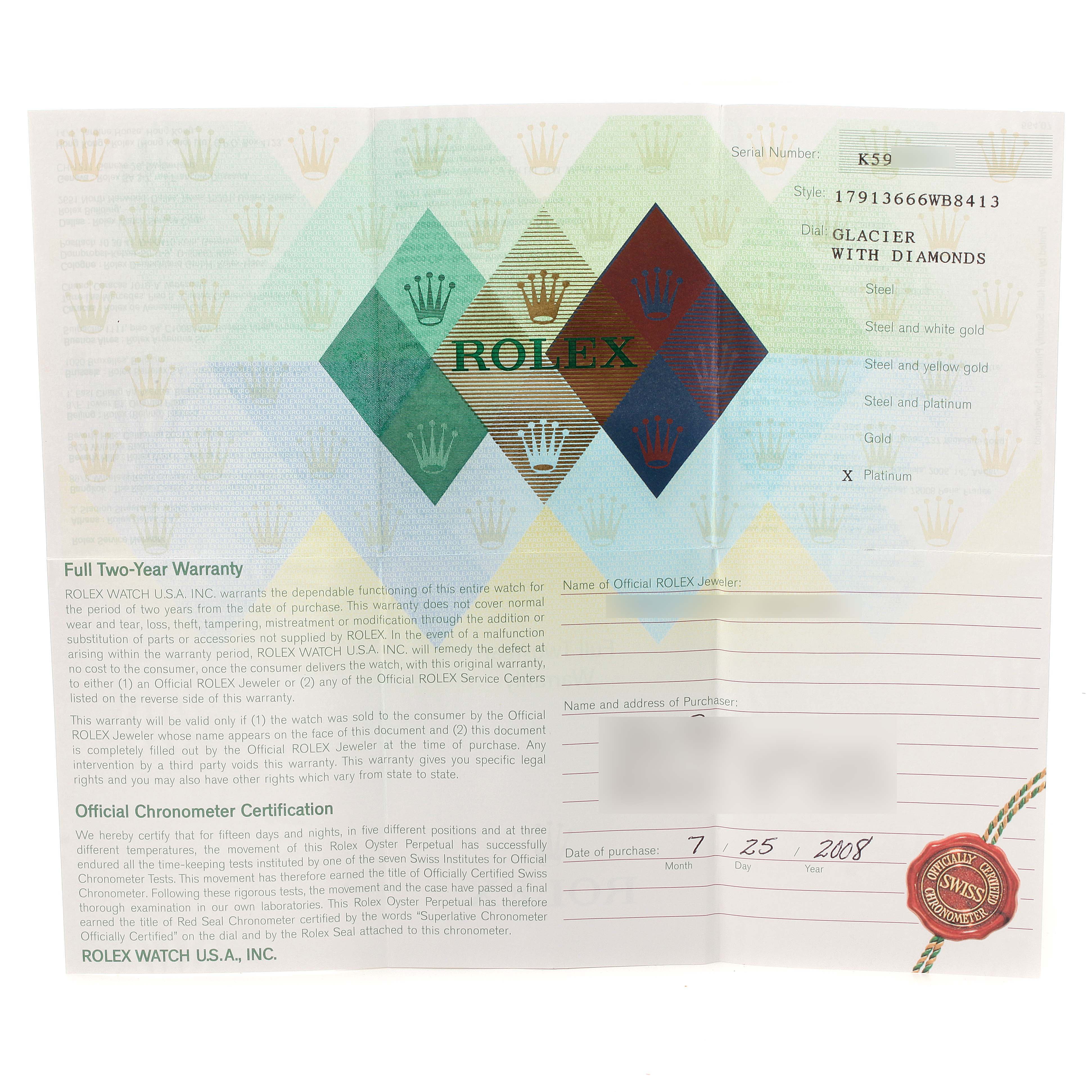 This is the warranty and certification document for a Rolex President 179136 Women's Platinum Silver Dial 179136 Women's Platinum Silver Dial model watch.