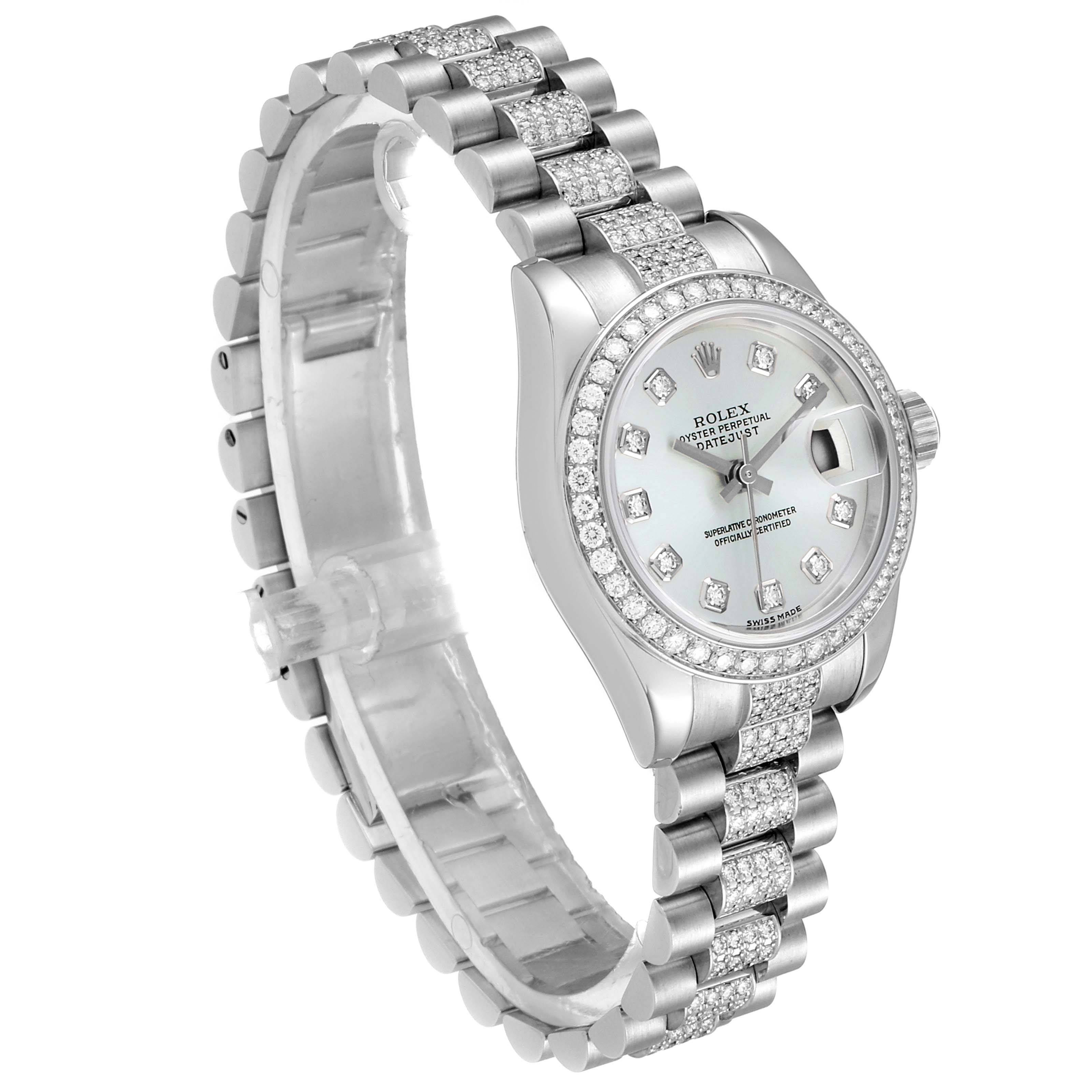 The Rolex President 179136 Women's Platinum Silver Dial 179136 Women's Platinum Silver Dial model watch is shown at a slight angle, displaying the face, band, bezel, and crown, adorned with diamonds.