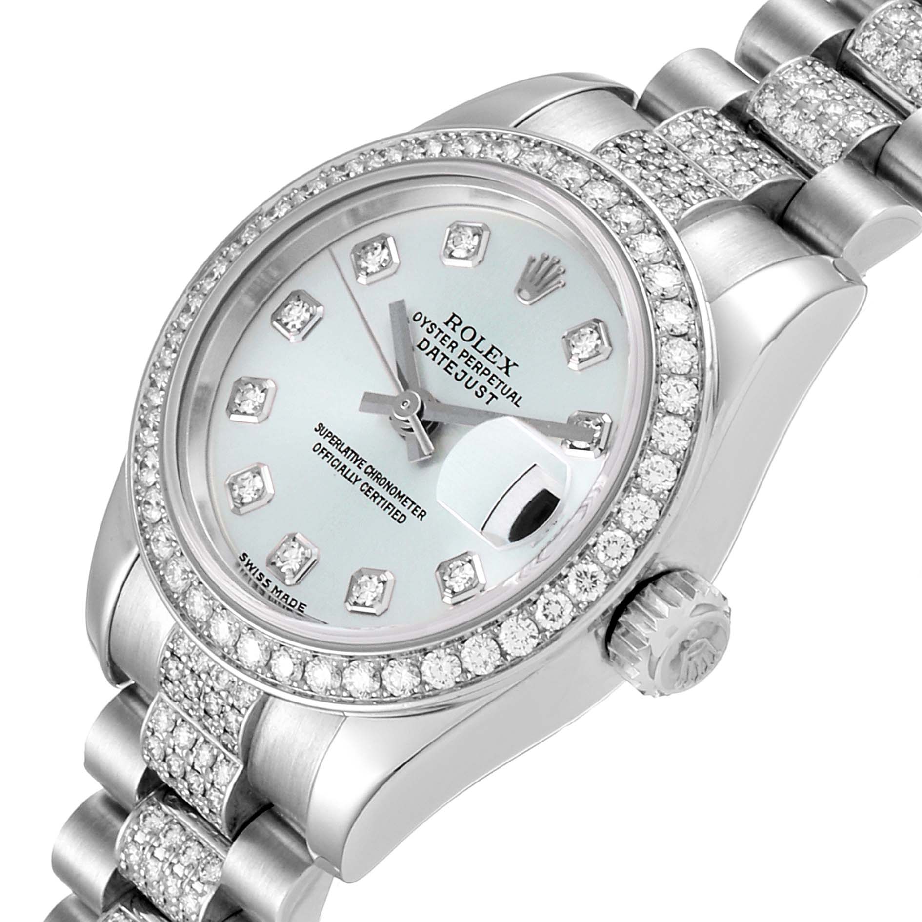 This image shows the dial, bezel, and bracelet of the Rolex President 179136 Women's Platinum Silver Dial 179136 Women's Platinum Silver Dial model, viewed at an angled perspective.