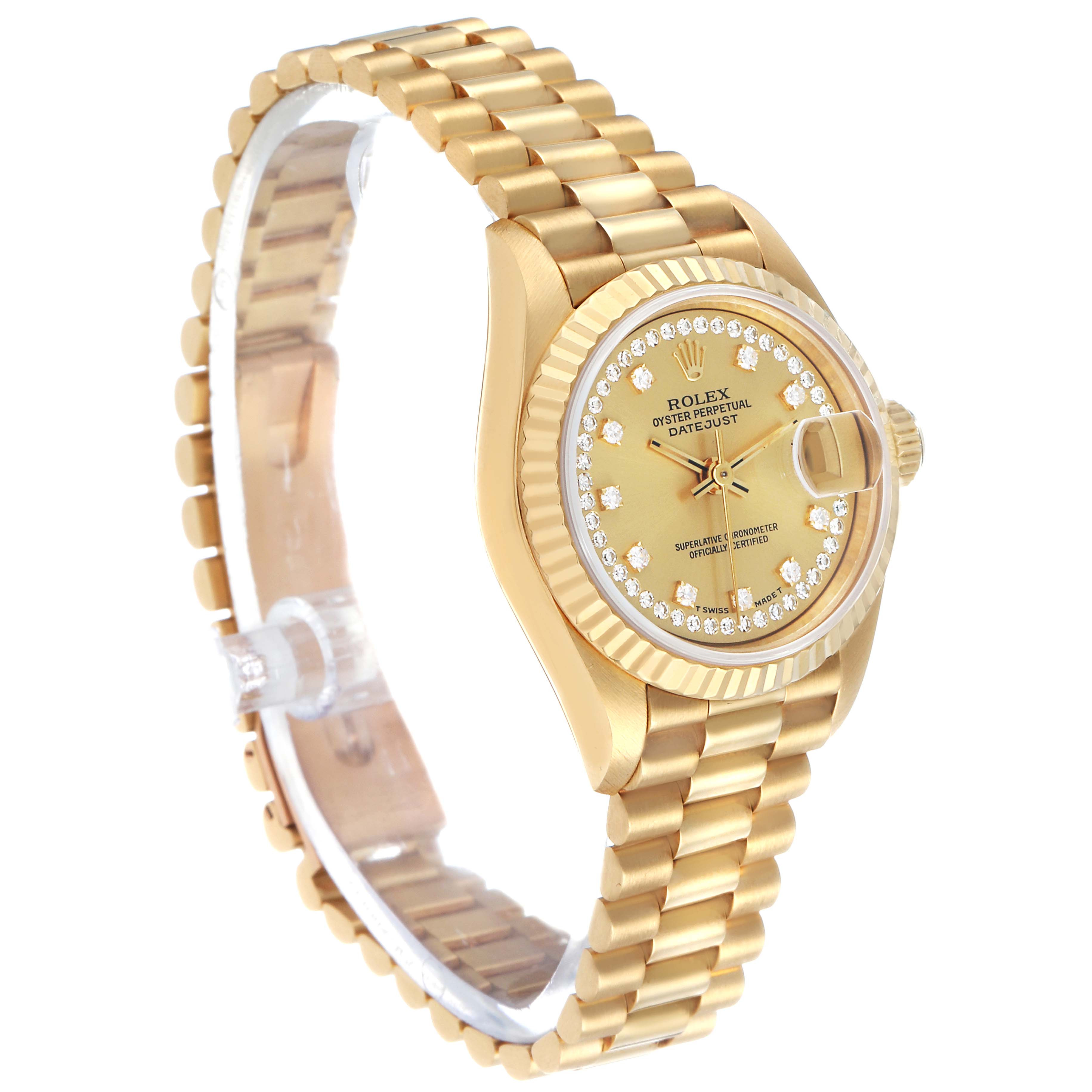 The Rolex President 69178 Women's Yellow Gold Champagne Dial model is shown at a side angle, displaying the bracelet, case, dial, and fluted bezel.