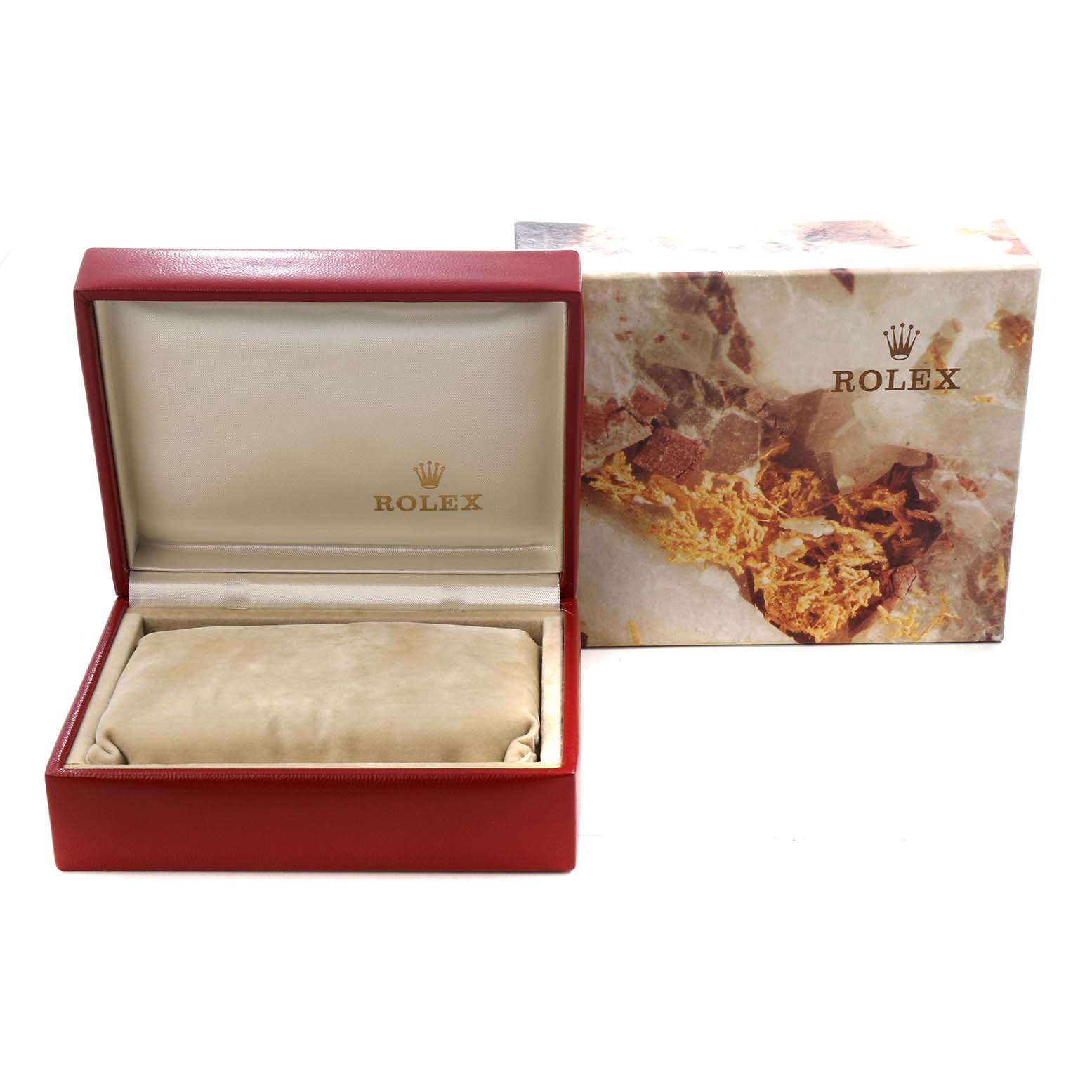 The image shows an open box of the Rolex President 69178 Women's Yellow Gold Champagne Dial model, with the watch box and a decorative outer box.