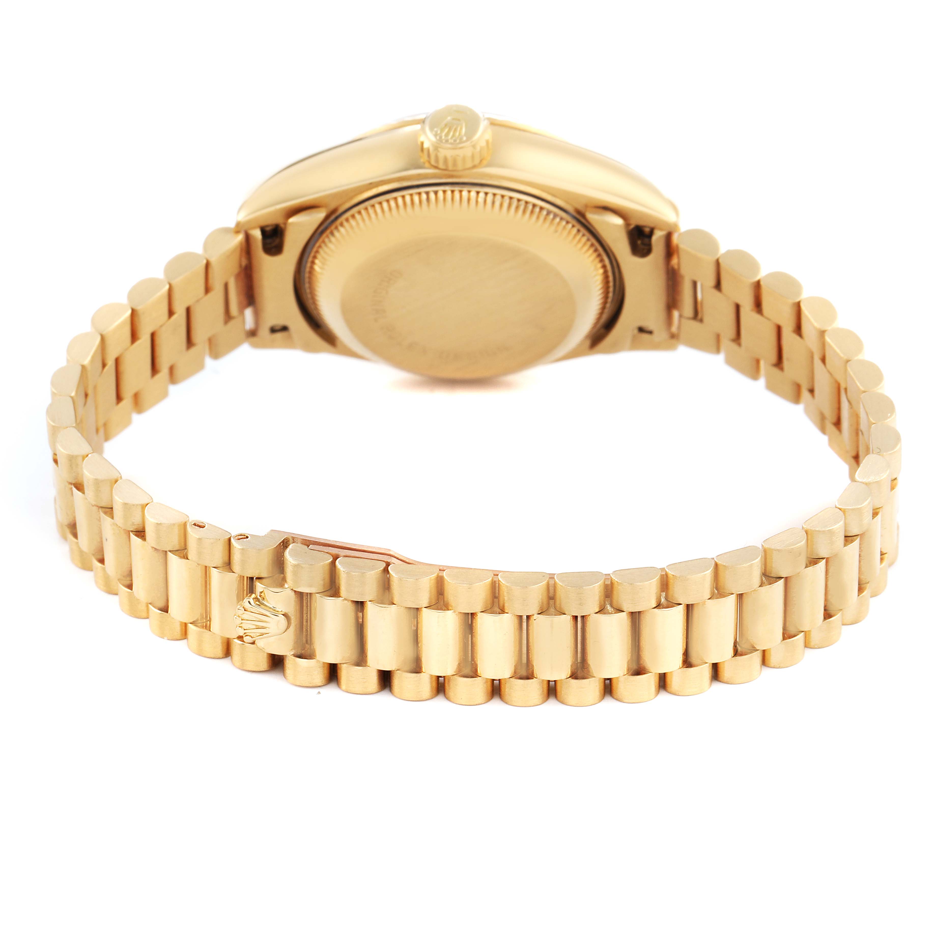 The Rolex President 69178 Women's Yellow Gold Champagne Dial model is shown from the back, highlighting the case back, bracelet, and clasp with the logo.
