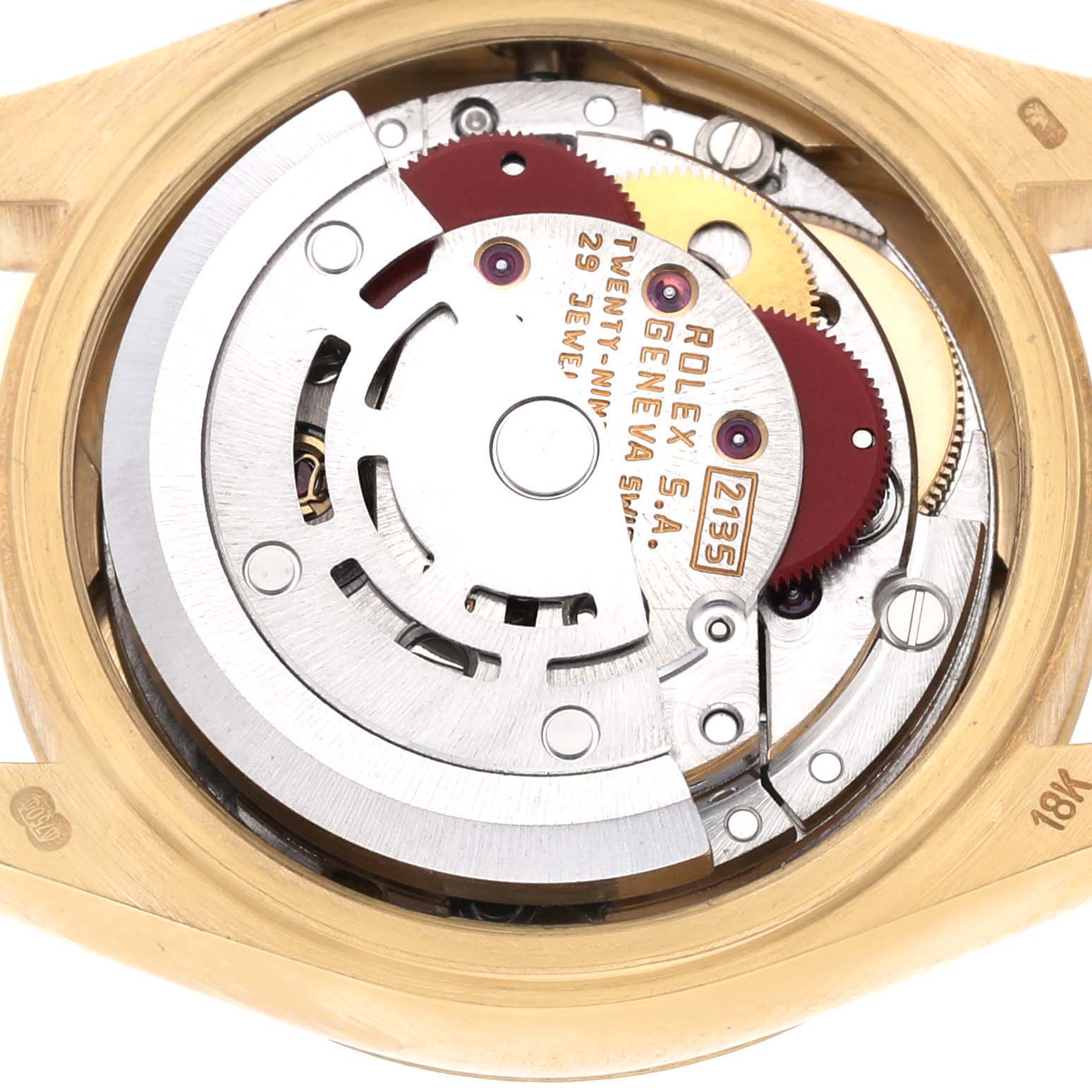 The image shows a close-up of the Rolex President 69178 Women's Yellow Gold Champagne Dial watch's movement, highlighting gears and mechanical components.
