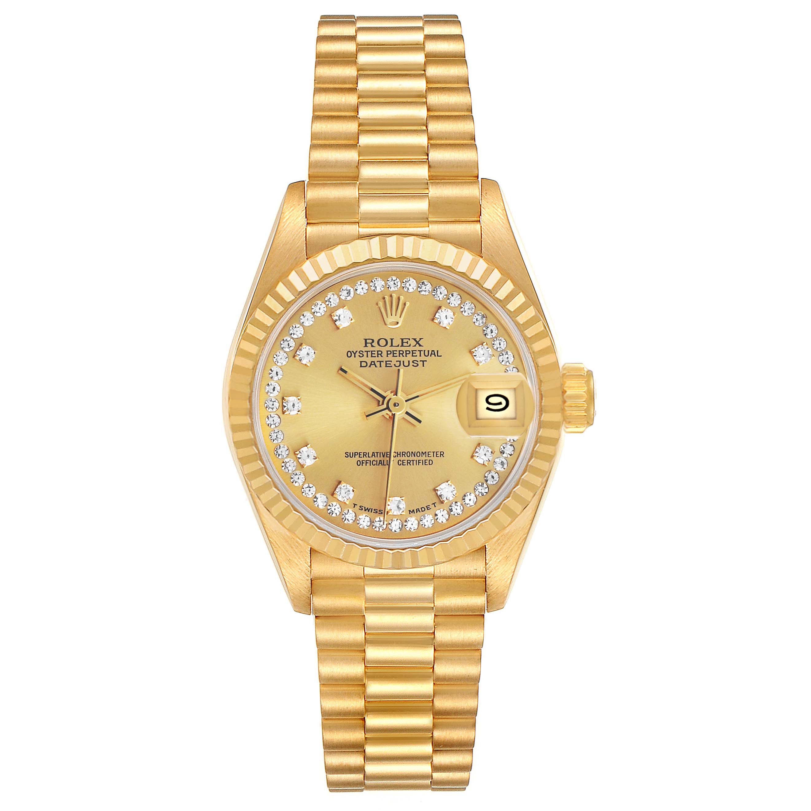 The image shows a Rolex President 69178 Women's Yellow Gold Champagne Dial model watch from a top-down view, displaying its gold bracelet, diamond-studded dial, and date window.