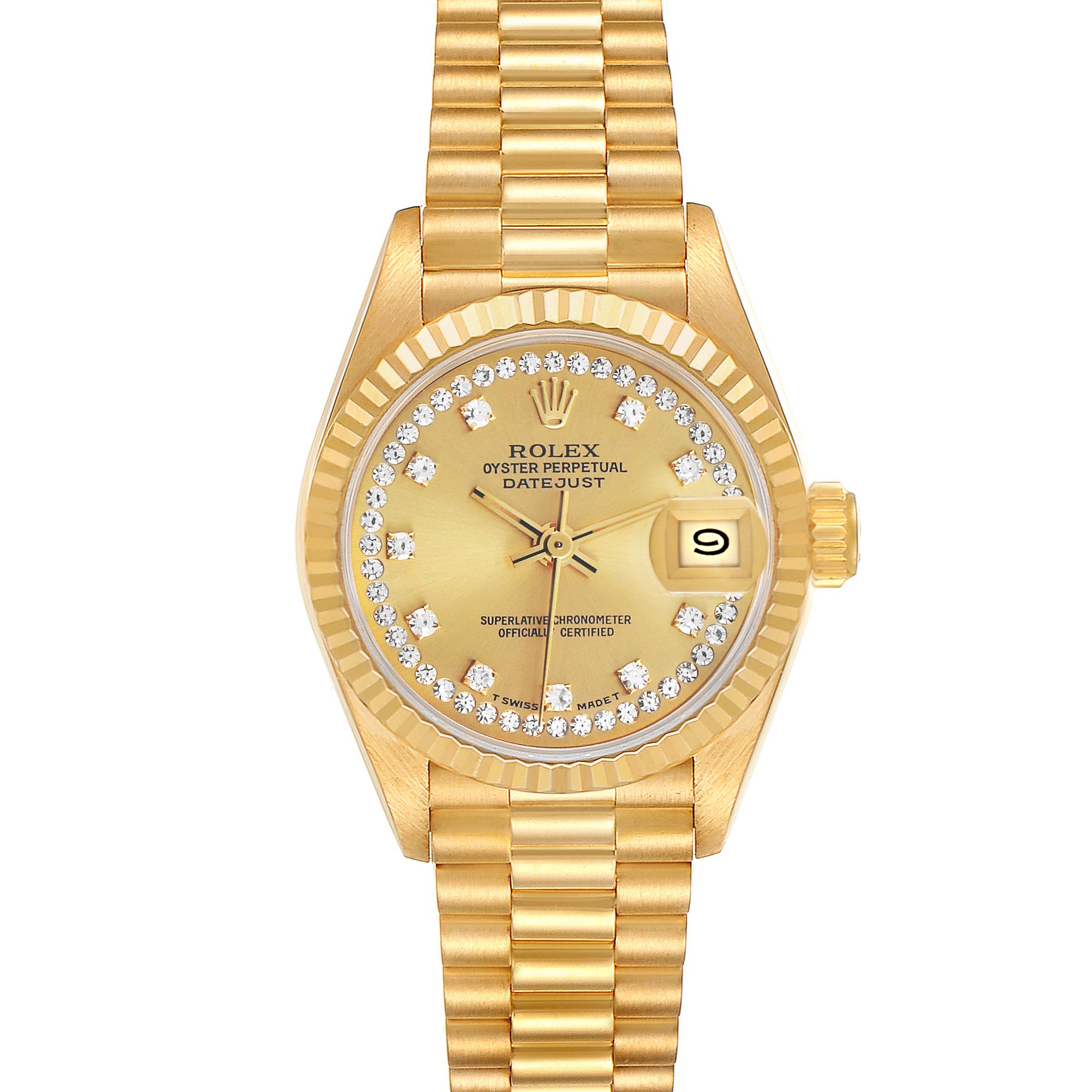 The Rolex President 69178 Women's Yellow Gold Champagne Dial model watch is shown from a top view, displaying the face, bracelet, bezel, and crown.