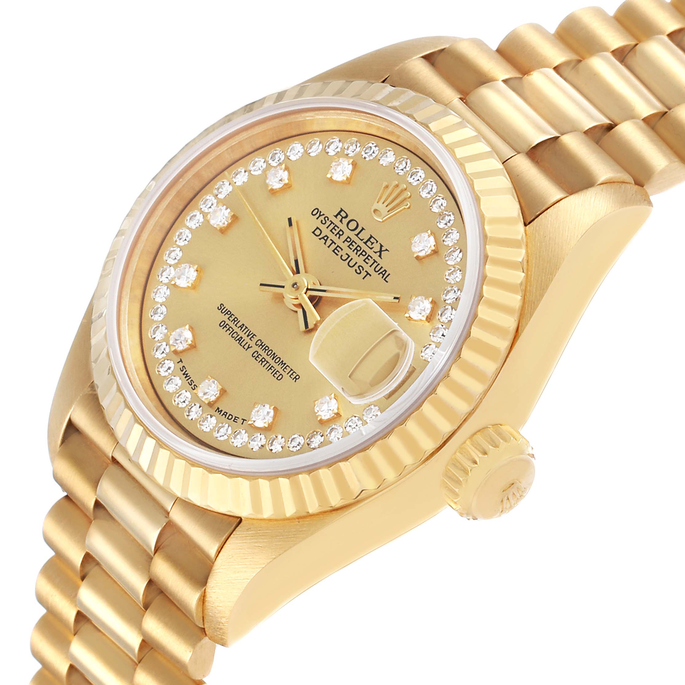 The Rolex President 69178 Women's Yellow Gold Champagne Dial model watch is shown at an angle revealing the dial, bezel, crown, and part of the bracelet.