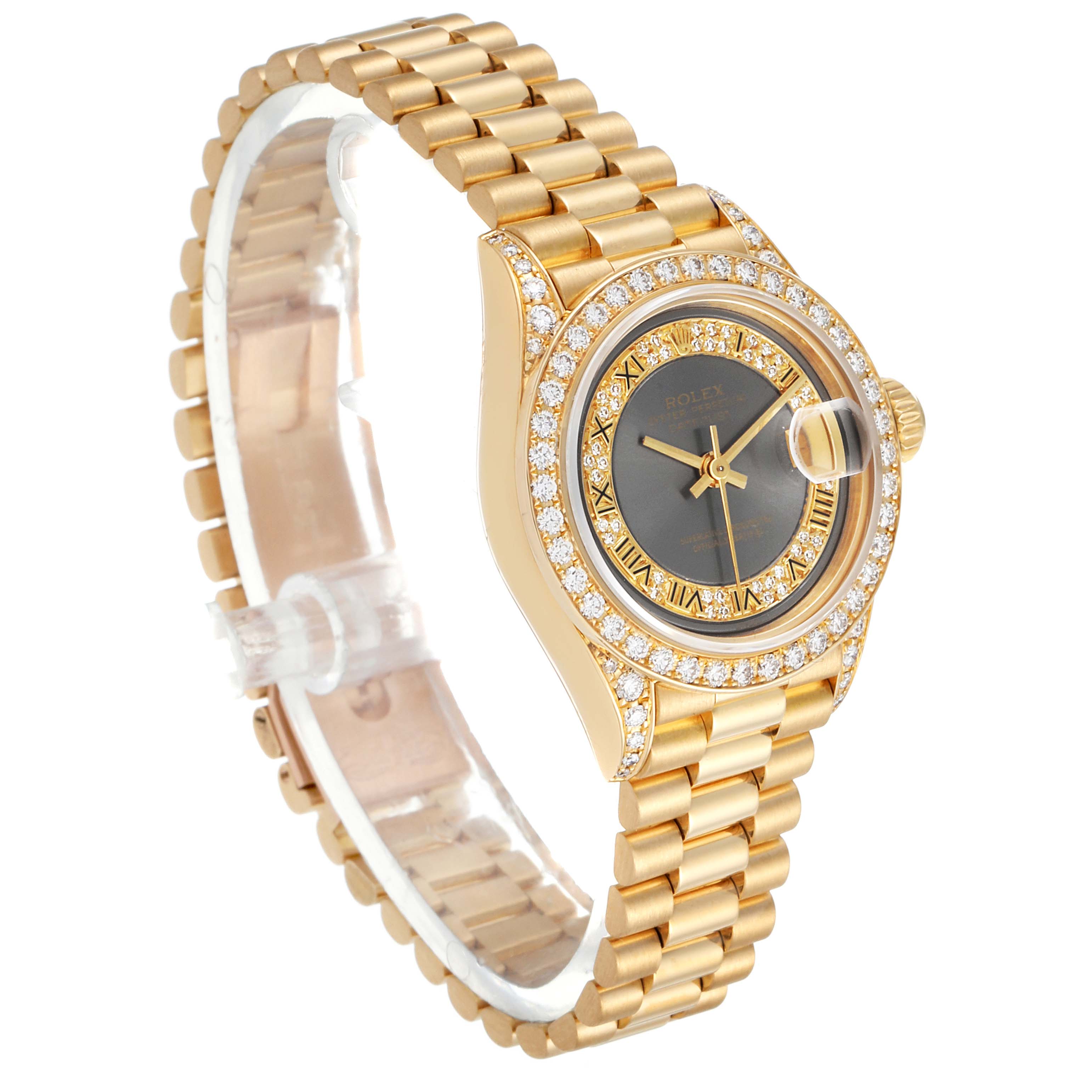 The Rolex President 69158 Women's Yellow Gold Grey Dial 69158 Women's Yellow Gold Grey Dial model watch is shown at an angle displaying the face, bezel, and bracelet.