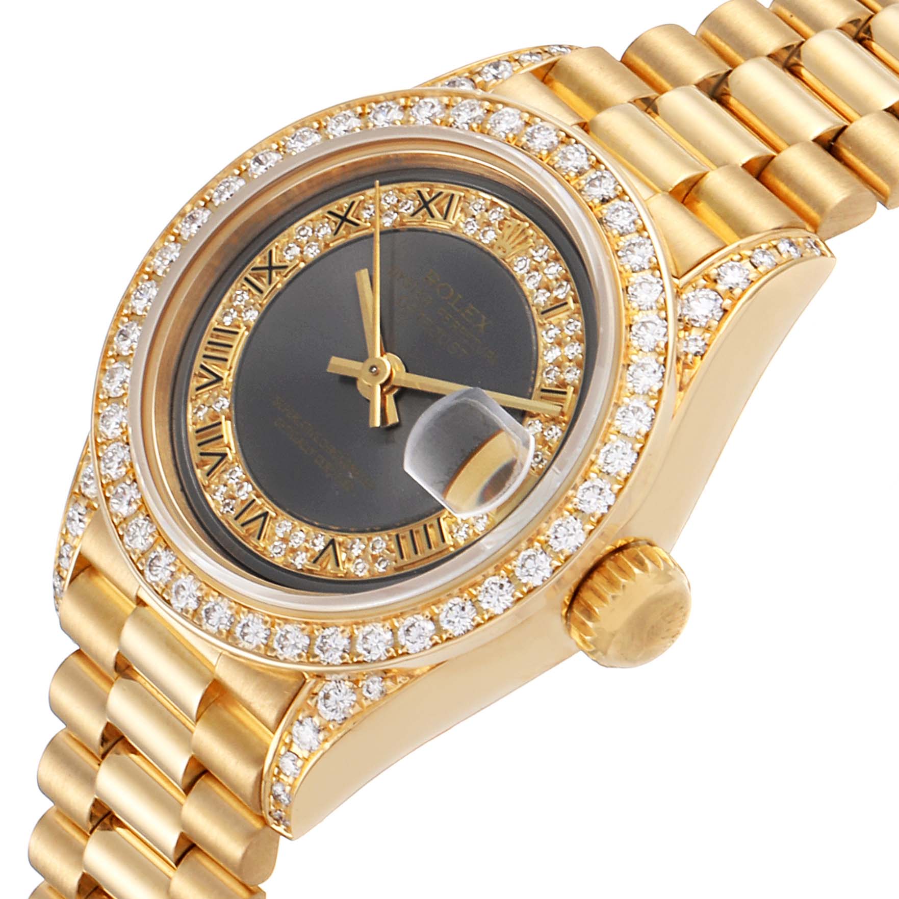 This image shows a close-up angle of a Rolex President 69158 Women's Yellow Gold Grey Dial 69158 Women's Yellow Gold Grey Dial model watch focusing on the dial, bezel, and part of the bracelet.