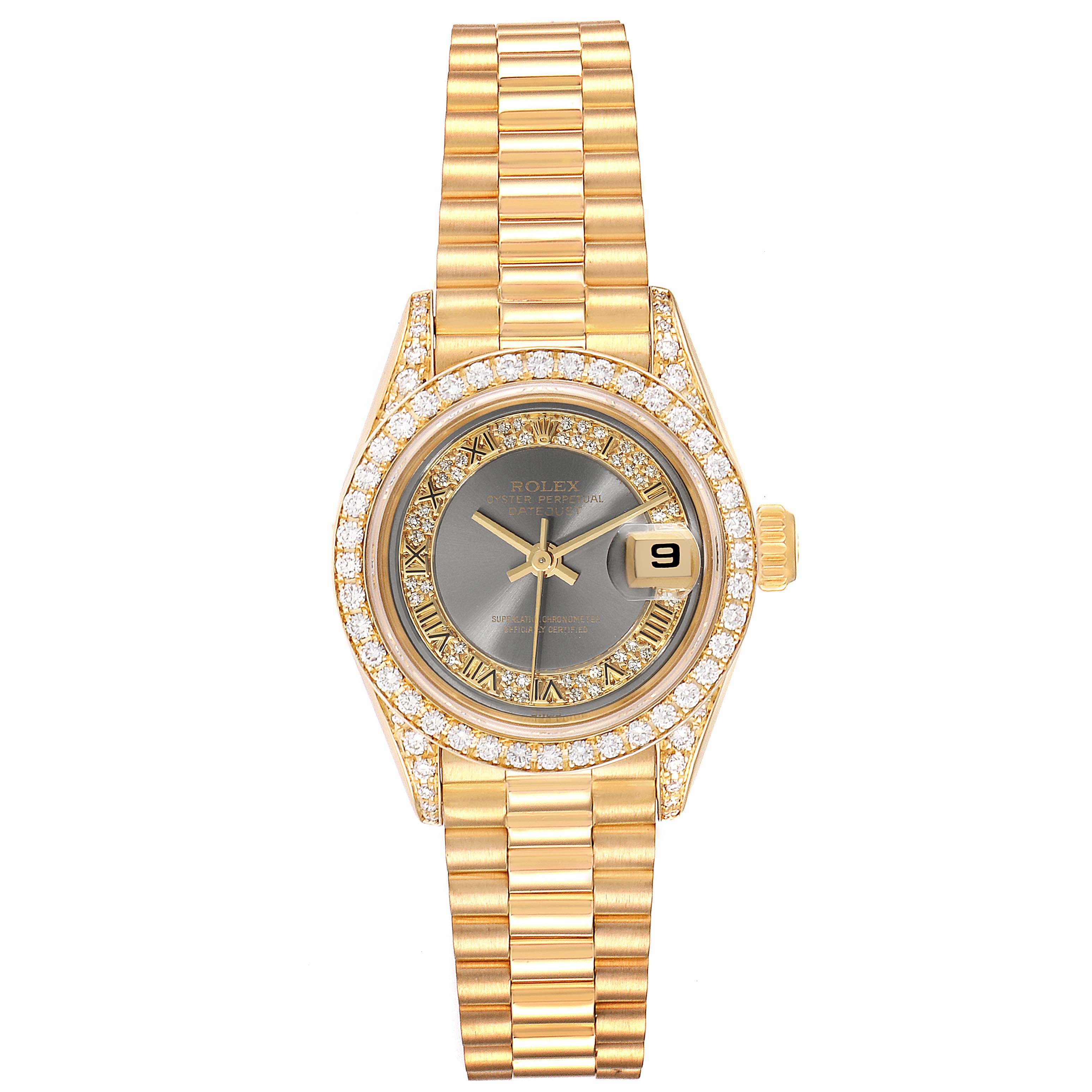 The image shows a top view of the Rolex President 69158 Women's Yellow Gold Grey Dial 69158 Women's Yellow Gold Grey Dial model watch, featuring a gold band, diamond bezel, and a dark dial with date display.