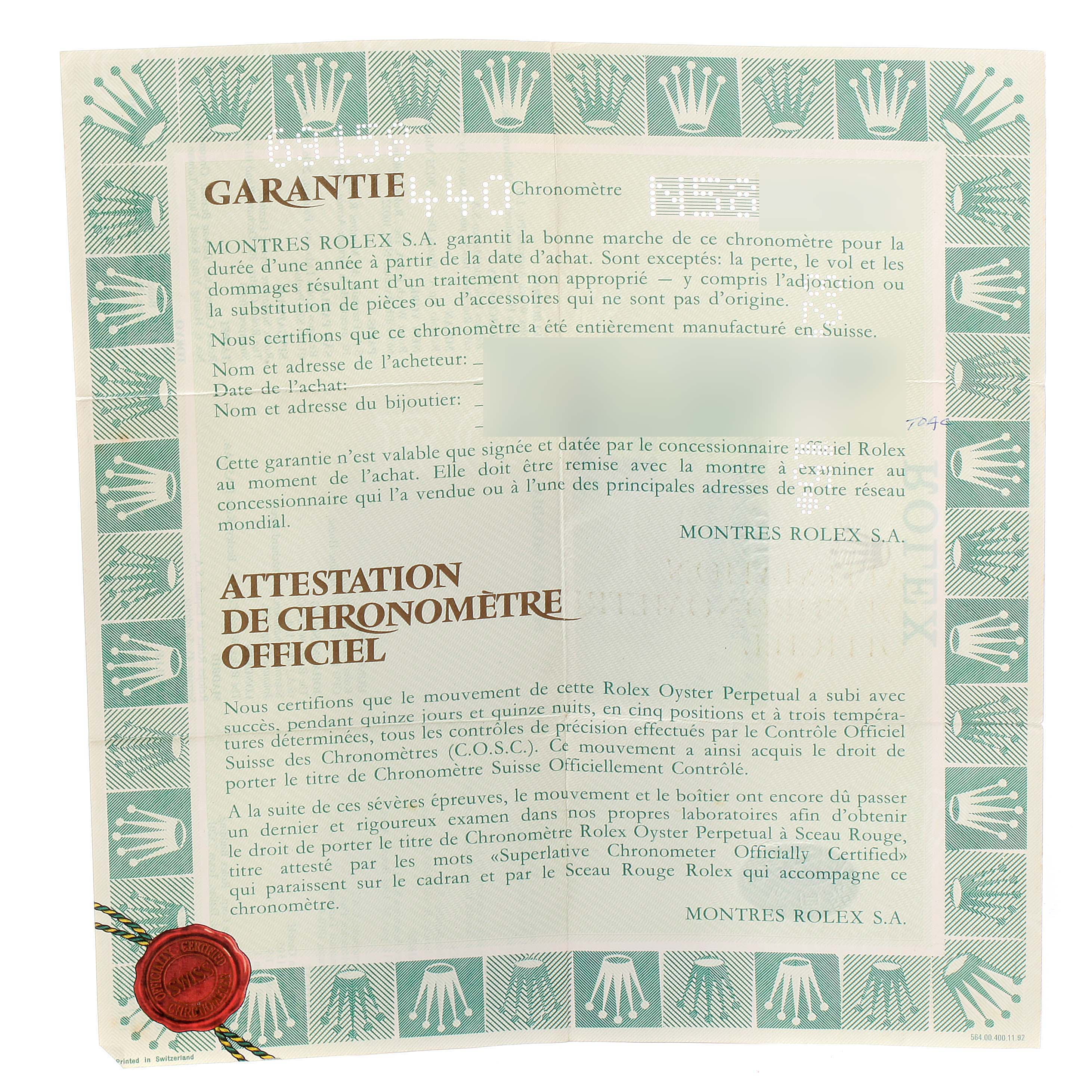 This is the warranty and chronometer certification for a Rolex President 69158 Women's Yellow Gold Grey Dial 69158 Women's Yellow Gold Grey Dial model watch.