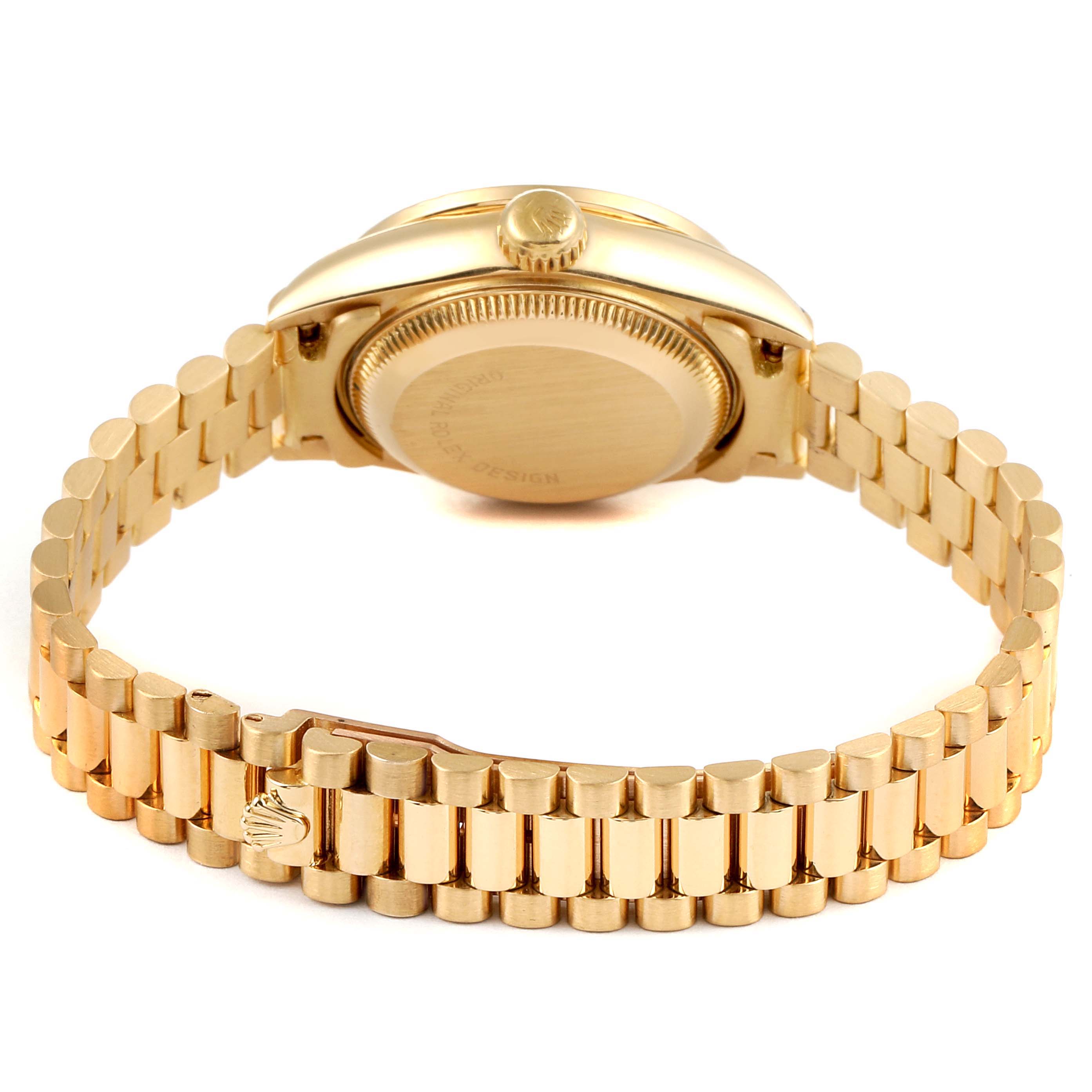 The image shows the back case, crown, and bracelet of a Rolex President 69158 Women's Yellow Gold Grey Dial 69158 Women's Yellow Gold Grey Dial model watch from a rear angle.