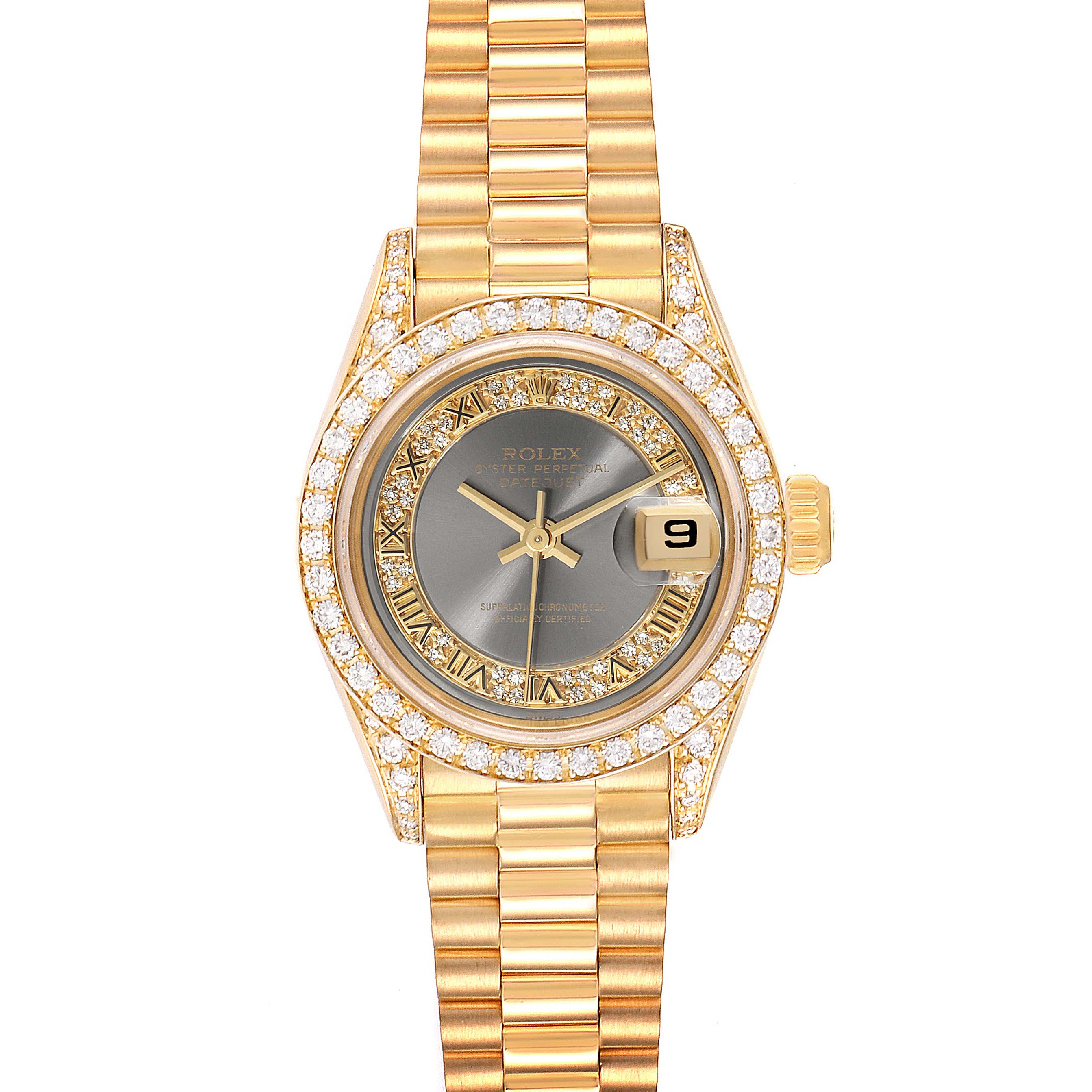 This Rolex President 69158 Women's Yellow Gold Grey Dial 69158 Women's Yellow Gold Grey Dial model watch is shown from a top-down angle, displaying its gold bracelet, diamond-encrusted bezel, and dark dial.