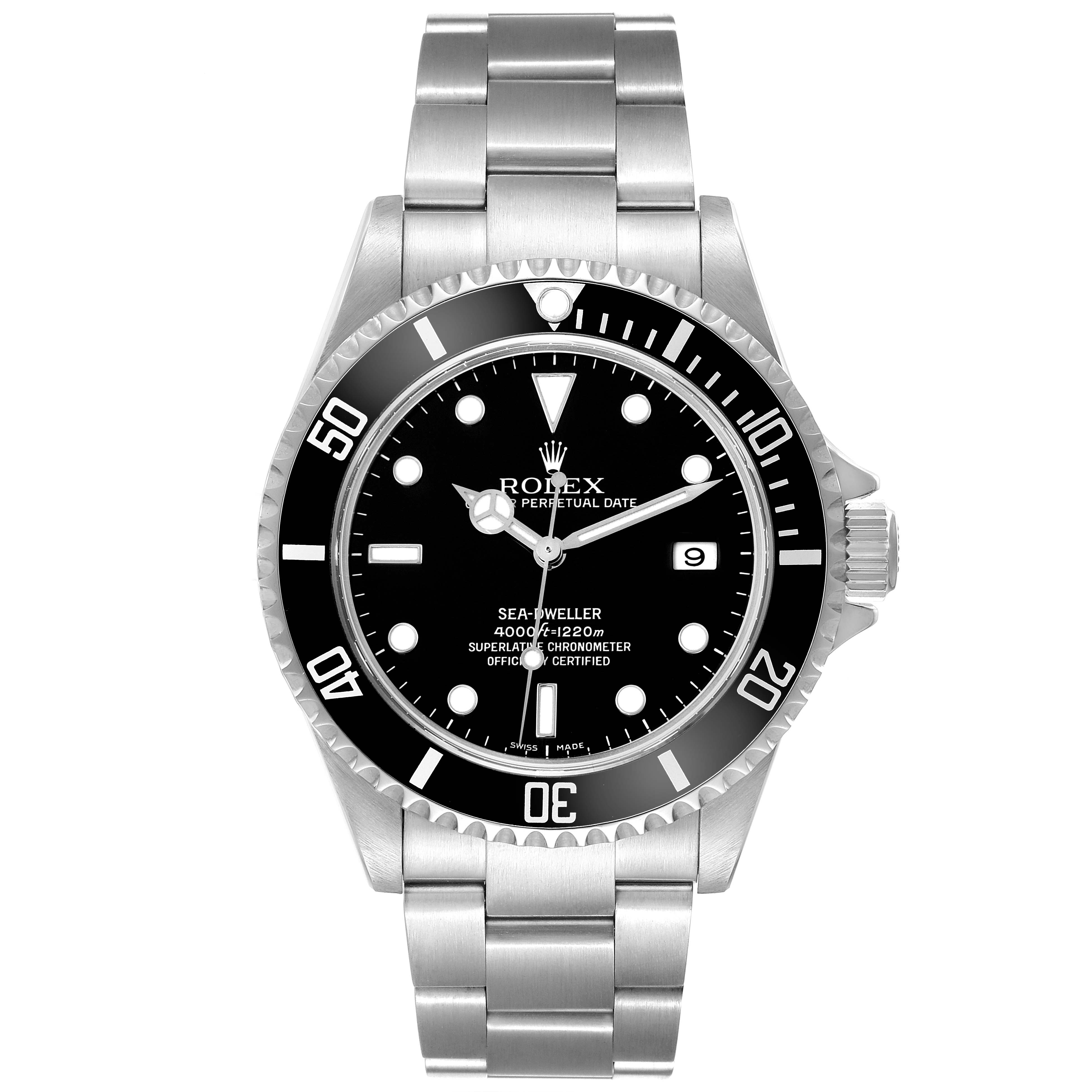 The image shows a front view of the Rolex Sea-Dweller 16600 Men's Stainless Steel Black Dial 16600 Men's Stainless Steel Black Dial watch, highlighting its dial, bezel, and bracelet.