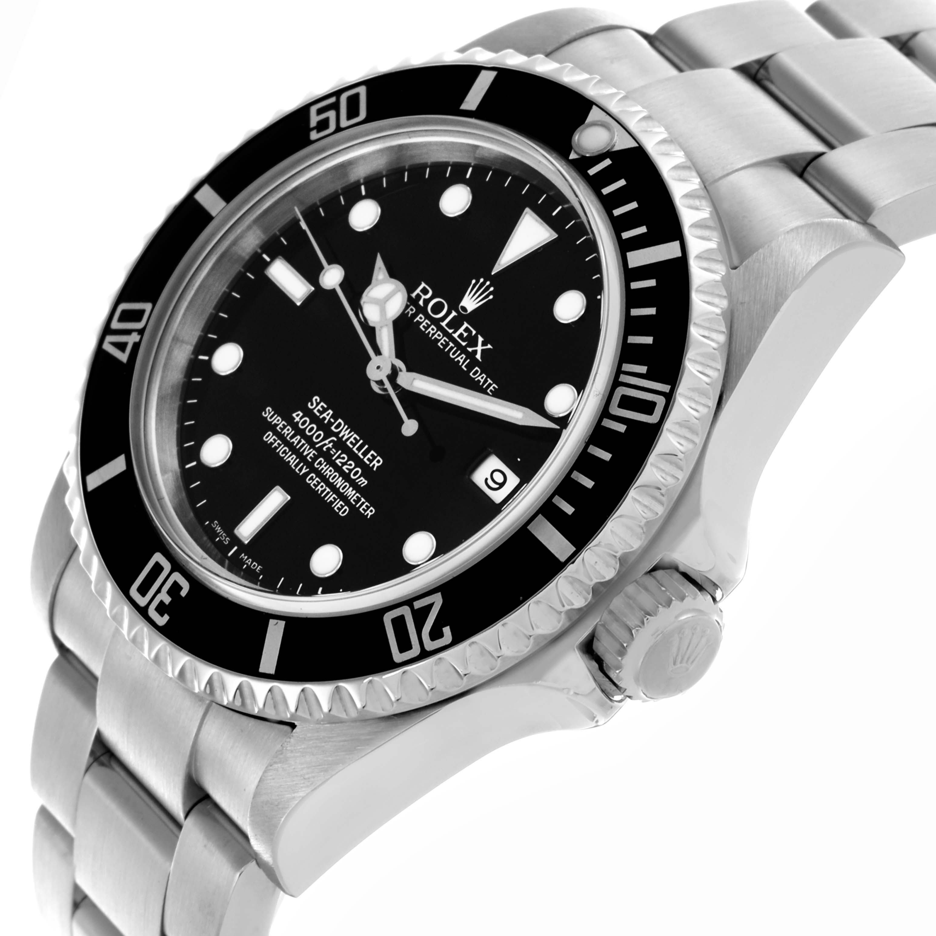 The Rolex Sea-Dweller 16600 Men's Stainless Steel Black Dial 16600 Men's Stainless Steel Black Dial watch is shown at an angled view displaying its dial, bezel, case, crown, and bracelet.