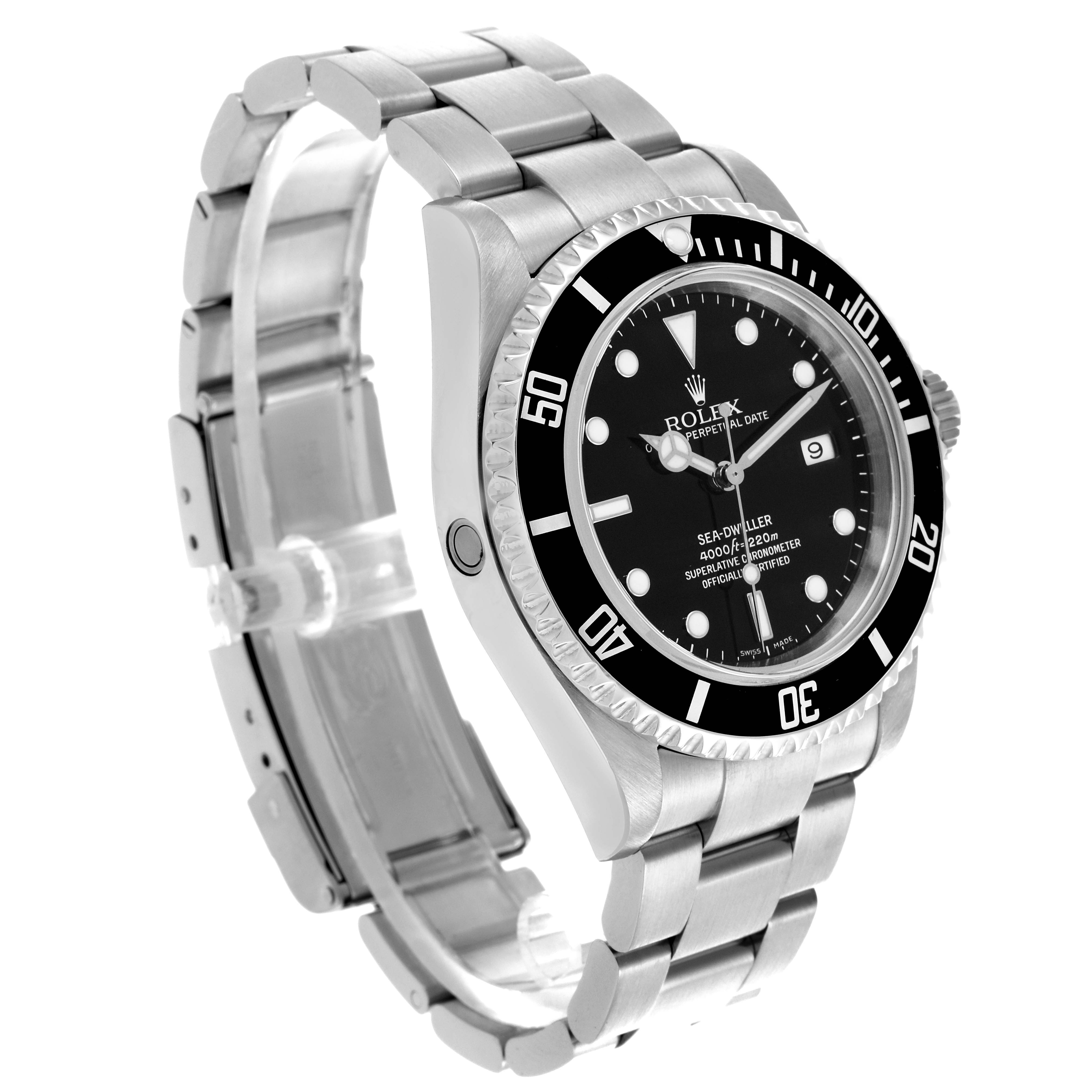 The Rolex Sea-Dweller 16600 Men's Stainless Steel Black Dial 16600 Men's Stainless Steel Black Dial watch is shown at a three-quarter angle, highlighting the face, bezel, and bracelet.