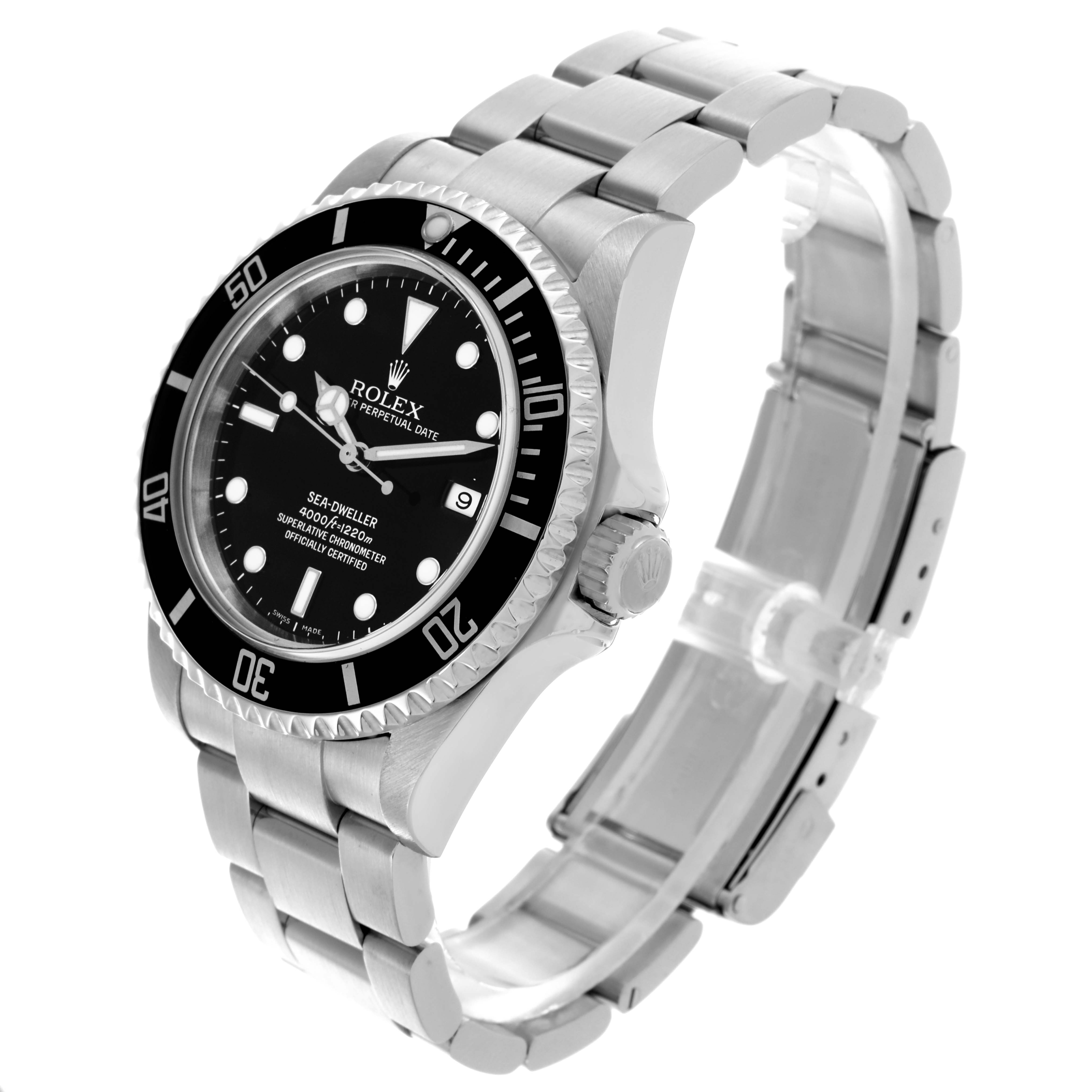The Rolex Sea-Dweller 16600 Men's Stainless Steel Black Dial 16600 Men's Stainless Steel Black Dial watch is shown at an angled side view, highlighting the bezel, dial, and bracelet.