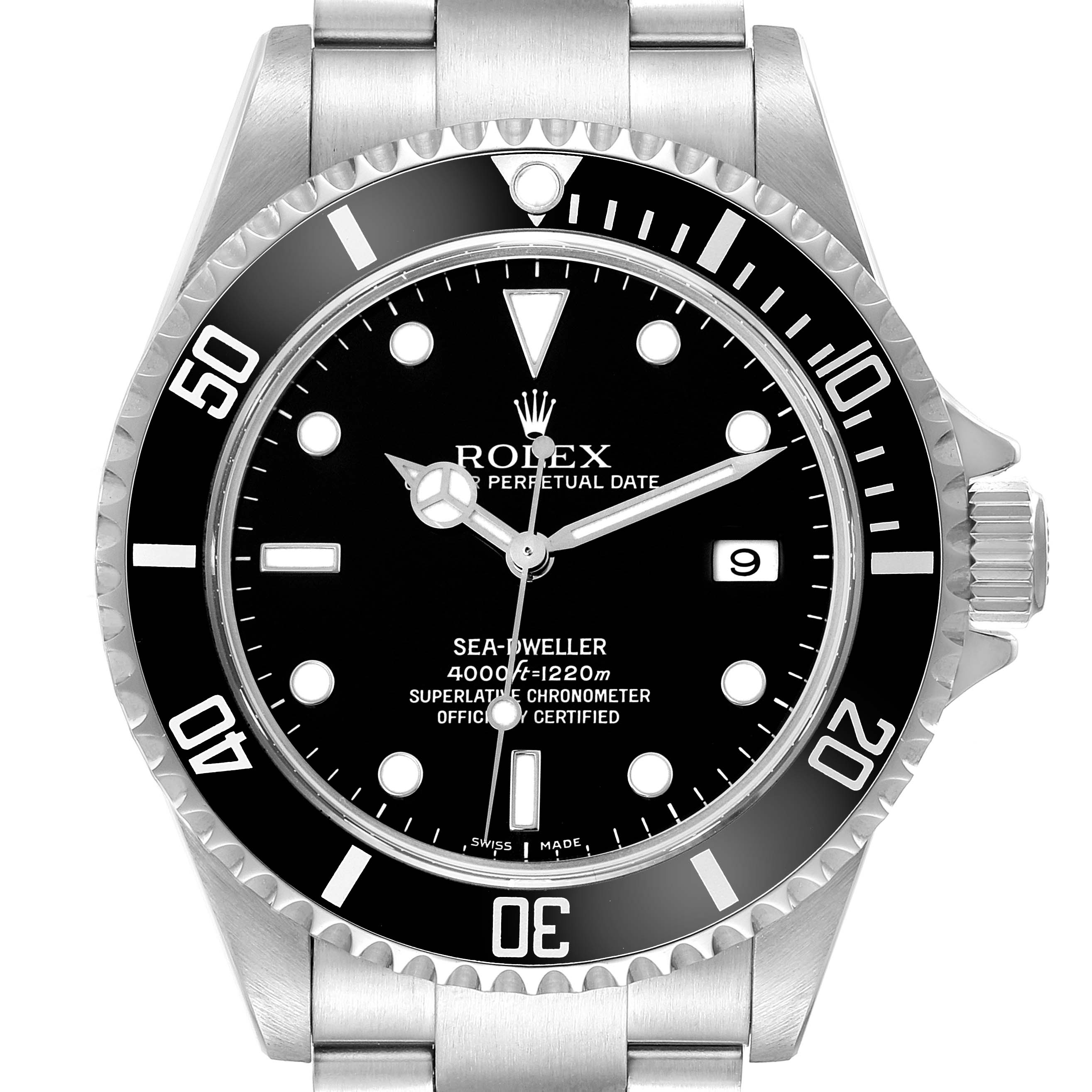 The Rolex Sea-Dweller 16600 Men's Stainless Steel Black Dial 16600 Men's Stainless Steel Black Dial watch is shown from the front, highlighting the dial, bezel, hands, and bracelet top links.
