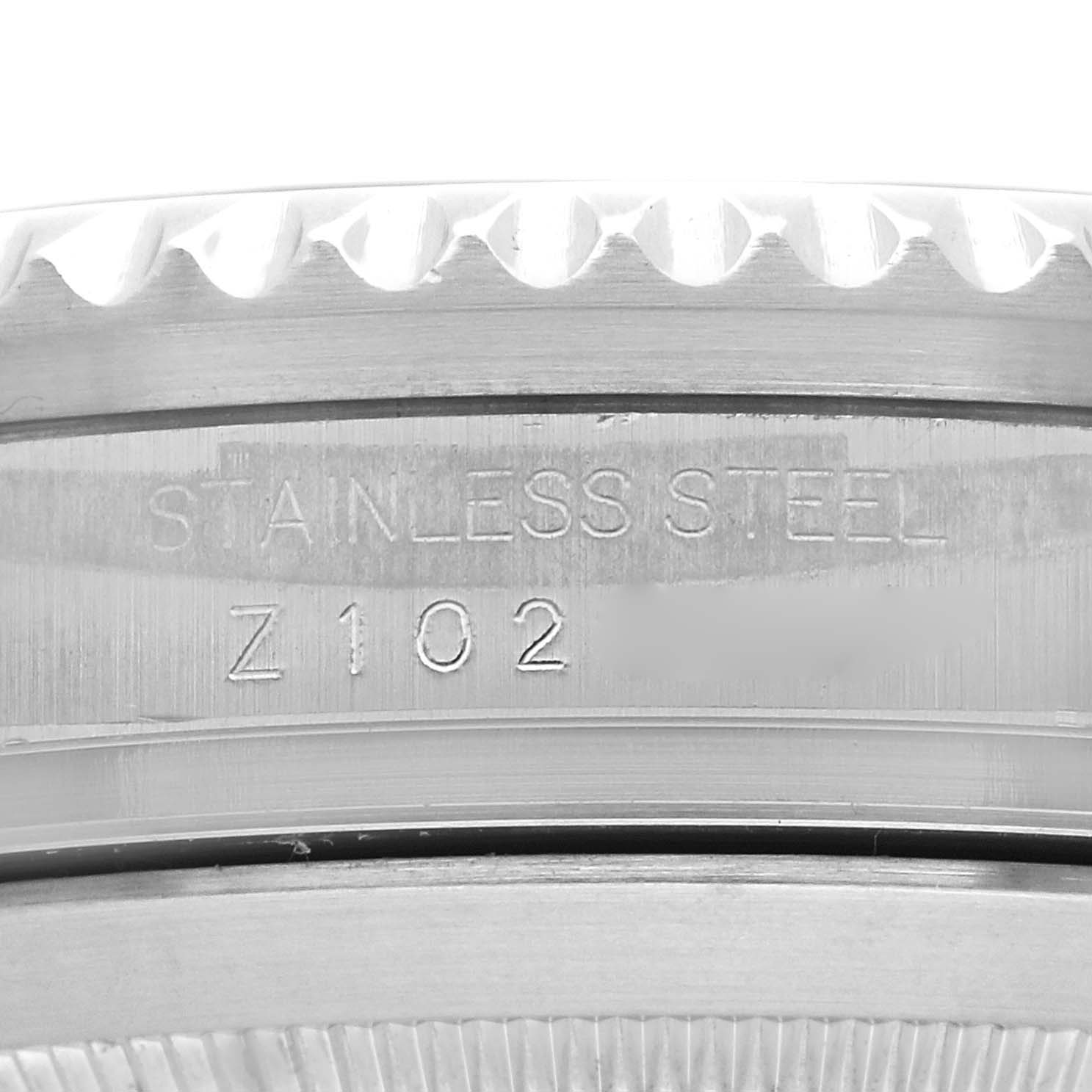 This close-up shows the side view of the Rolex Sea-Dweller 16600 Men's Stainless Steel Black Dial 16600 Men's Stainless Steel Black Dial's stainless steel case with engraved details.