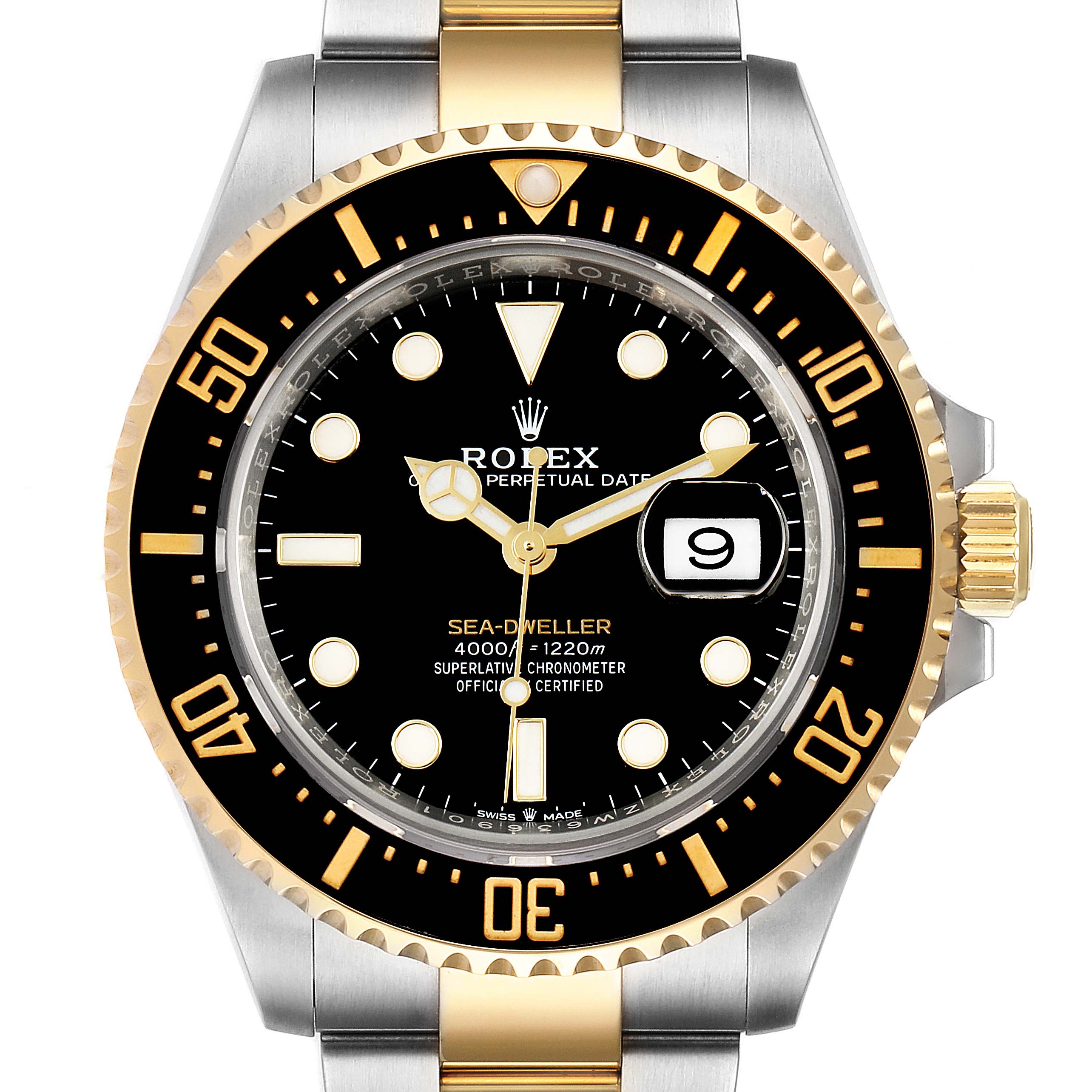 The image shows a front view of the Rolex Sea-Dweller 126603 Men's Steel and Gold (two tone) Black Dial 126603 Men's Steel and Gold (two tone) Black Dial watch, highlighting its black dial, gold accents, and date display.